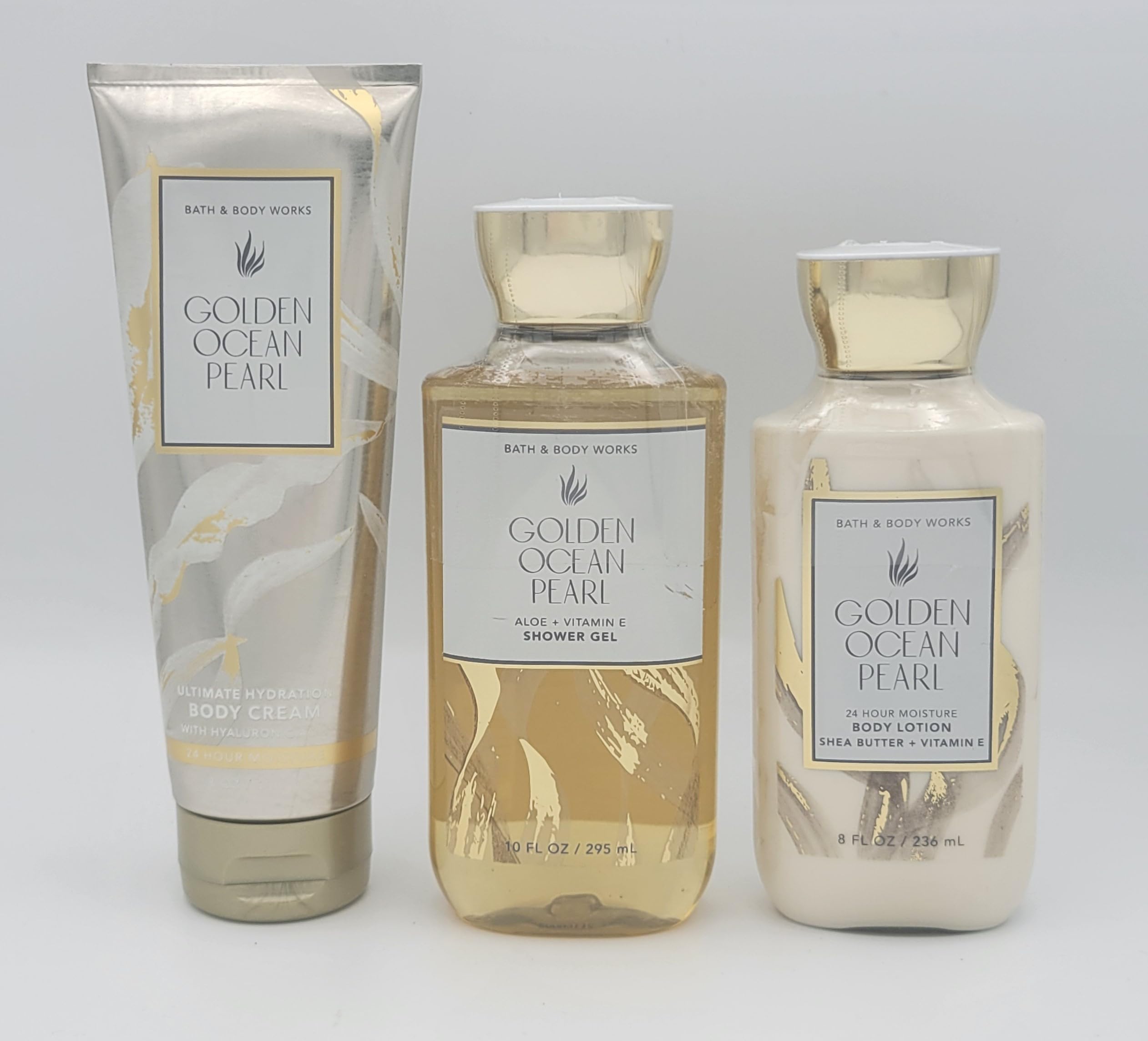 Golden Ocean Pearl 3-Piece Bath & Body Set - 8 oz Body Cream, 10 oz Shower Gel & 8 oz Body Lotion | Moisturizing Skincare Routine for Dry Skin | Perfect Gift for Spa Day & Self-Care