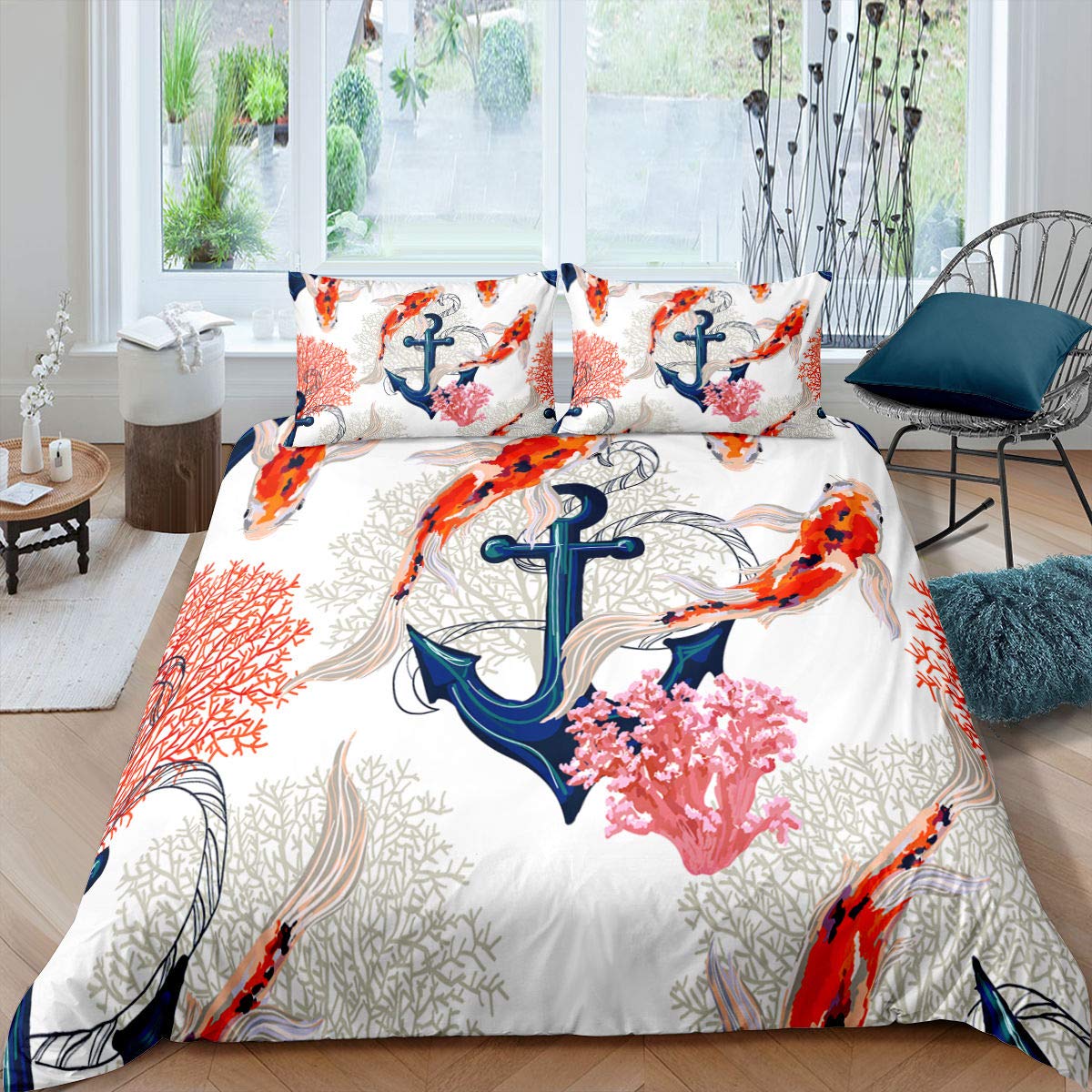 Nautical Anchor Duvet Cover Set - Japanese Style Koi Fish & Seaweed Print Soft Microfiber Comforter Cover with Zipper Closure & Ties, Includes 1 Duvet Cover + 1 Pillowcase (Twin Size) - Perfect for Coastal Bedroom Decor, Guest Room Makeover & Themed Vacation Rental Styling