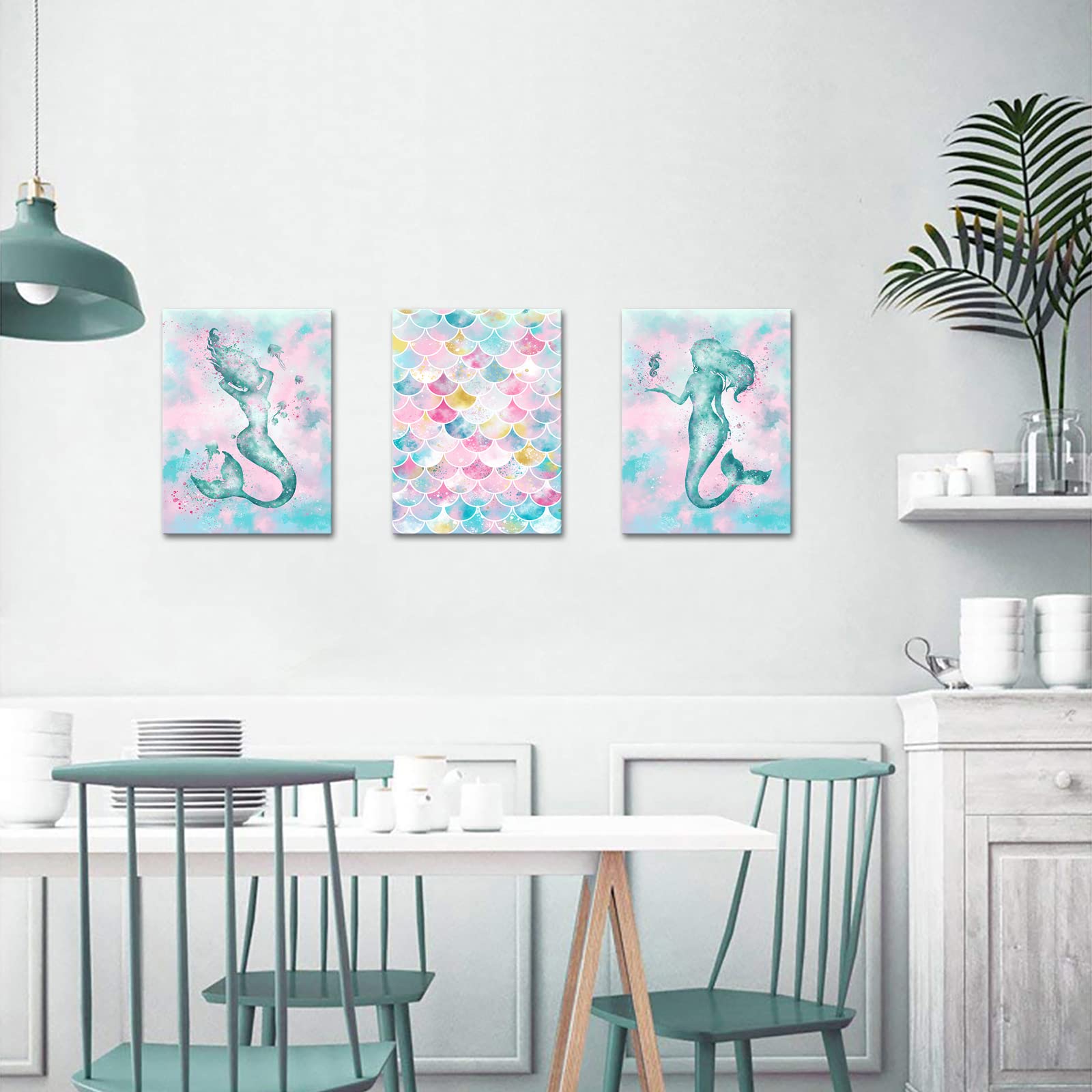 Artmyharbor Mermaid Wall Art - Romantic Pink & Blue Marine Theme Painting for Bathroom, Girls Bedroom & Nursery Decor - Perfect for Coastal, Beach & Underwater Themed Rooms