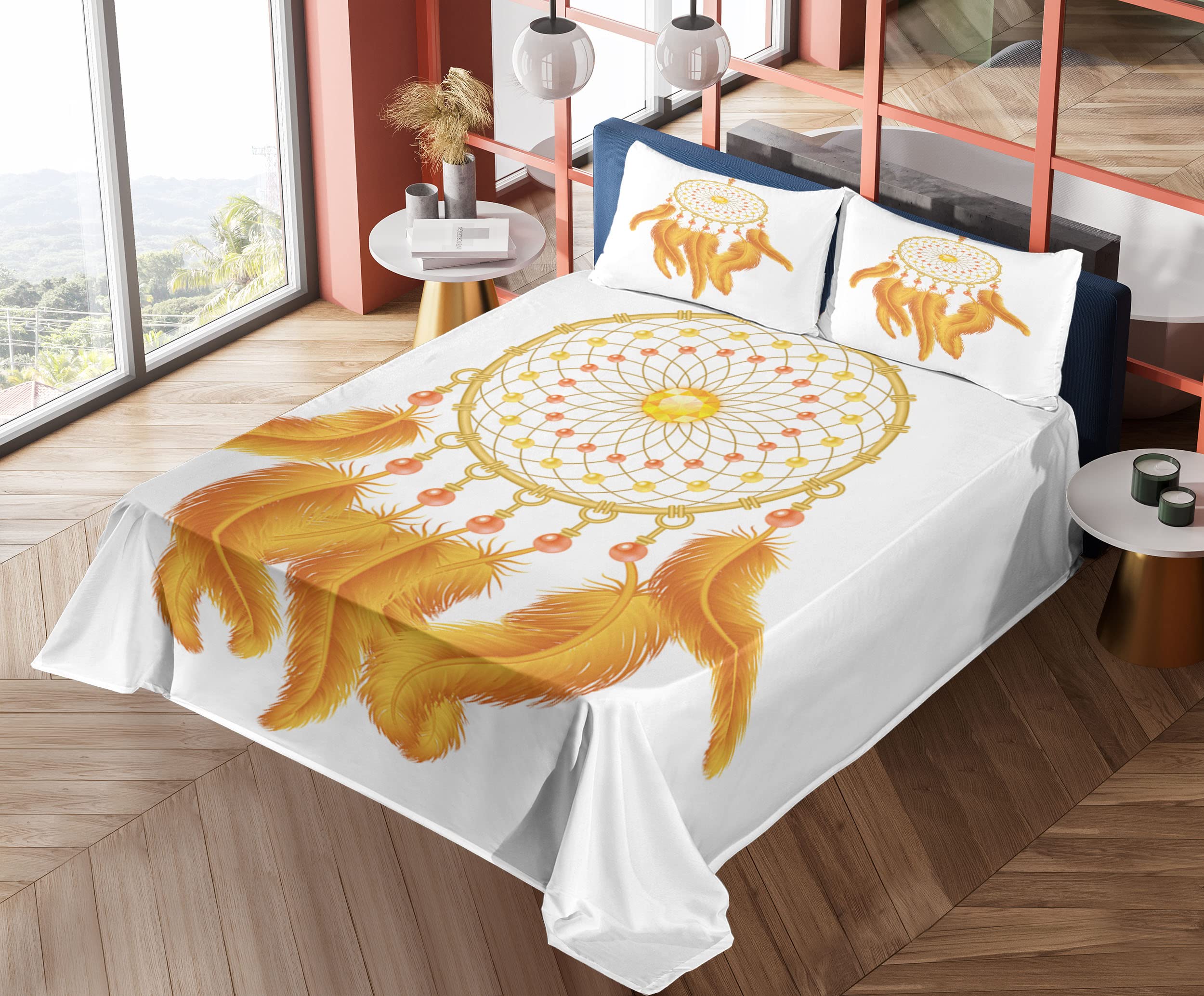 Ambesonne Aztec Bed Sheet Set - Golden Yellow Dreamcatcher Native Indigenous Design, 4-Piece King Size Bedding with Fitted Sheet, Flat Sheet & Pillowcases in Marigold White | Perfect for Boho Chic, Southwestern & Cultural Themed Bedrooms