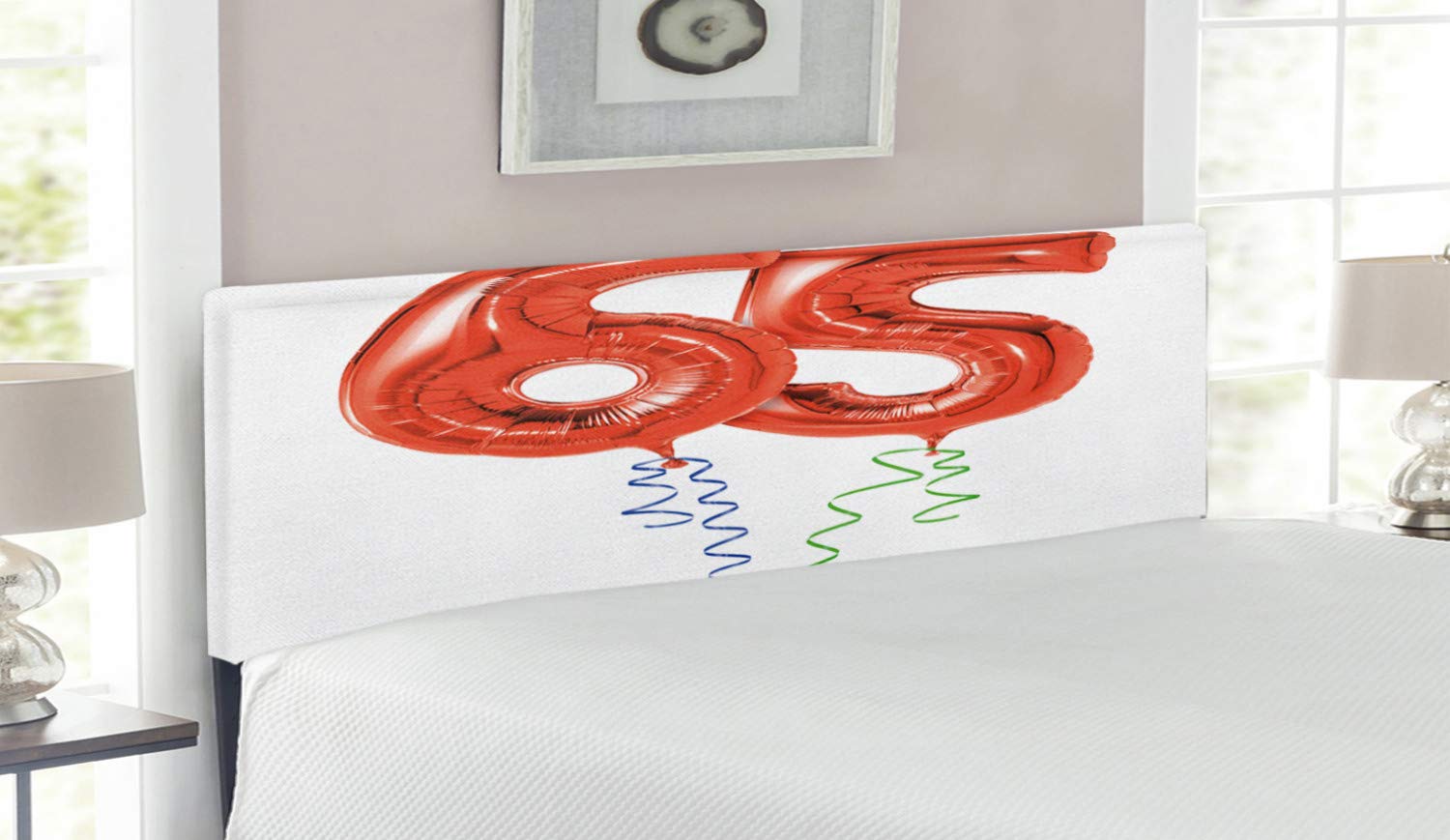 Ambesonne 65th Birthday Headboard - Queen Size Upholstered Decorative Metal Bed Headboard with Memory Foam | Joyous Cheerful Party Design in Red, Green & Blue Balloons | Perfect for Birthday Celebrations, Bedroom Decor & Gift Ideas