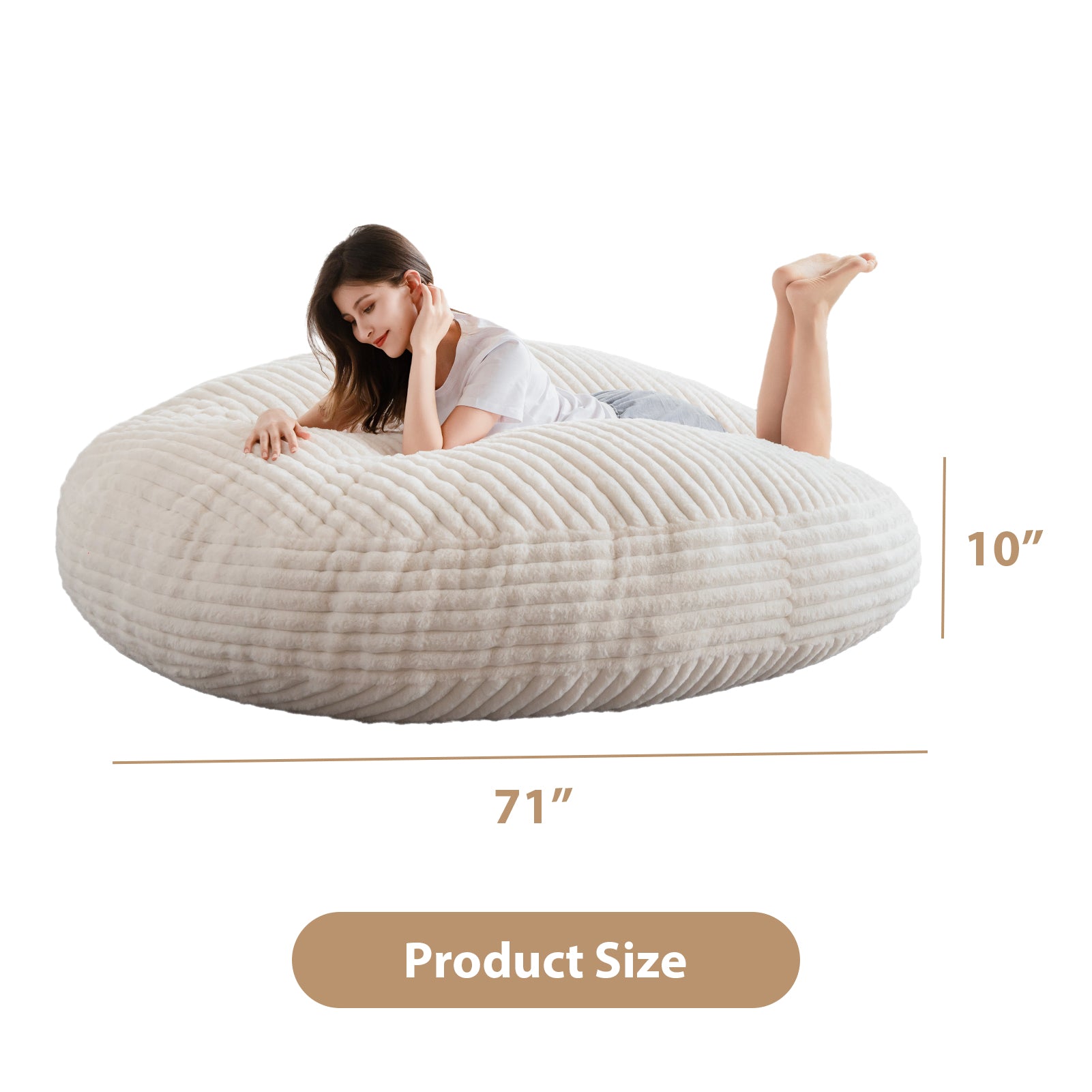 MAXYOYO Giant Round Bean Bag Chair for Adults - Soft Striped Faux Fur Oversized Lounger (Beige) | Perfect for Living Room, Bedroom, Game Room & Dorm Relaxation