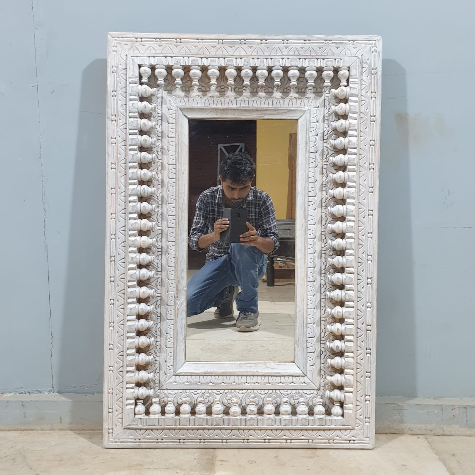 Handmade Indian Wooden Mirror Frame - Carved Whitewash Design 35.4