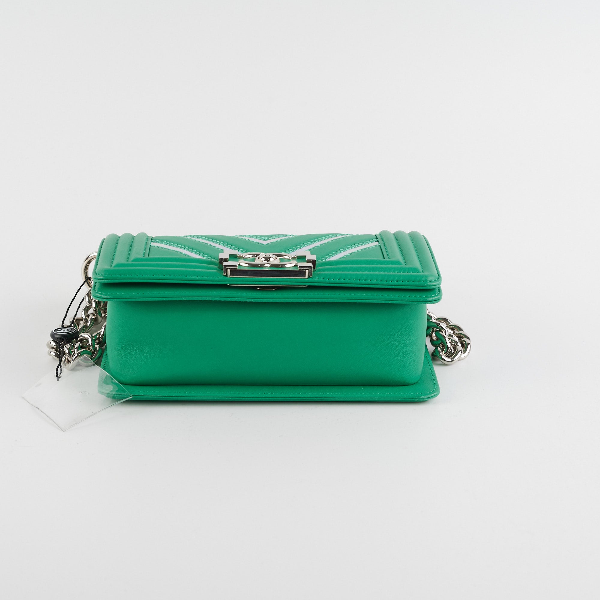 Chanel Chevron Boy Small Green Leather Bag with Holographic PVC - Luxury Crossbody Purse for Women, Perfect for Parties, Date Night & Special Occasions