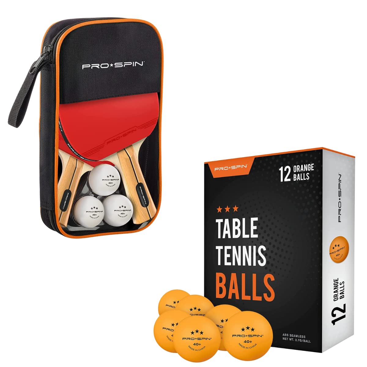 Premium PRO-SPIN Ping Pong Paddles Set with 12 Orange 3-Star Balls - High Performance Table Tennis Rackets & Compact Travel Case for Indoor/Outdoor Play, Training, Family Fun and Competitive Matches