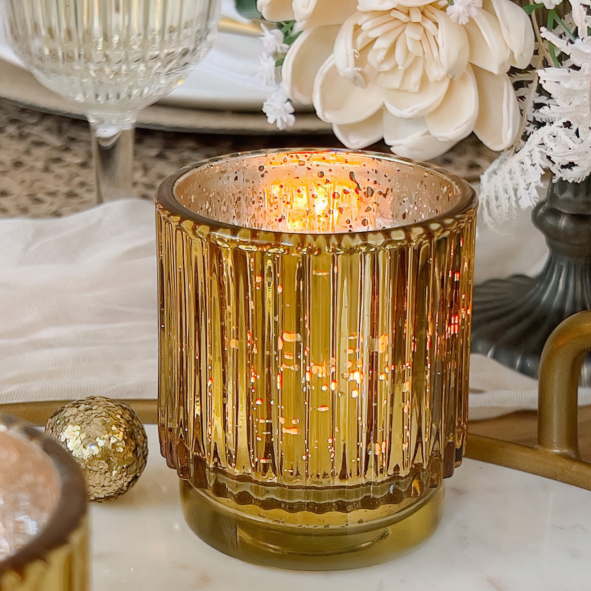 Elegant Ribbed Gold Glass Votive Candle Holders - Set of 6 for Wedding Centerpieces, Romantic Dinner Decor & Holiday Table Settings