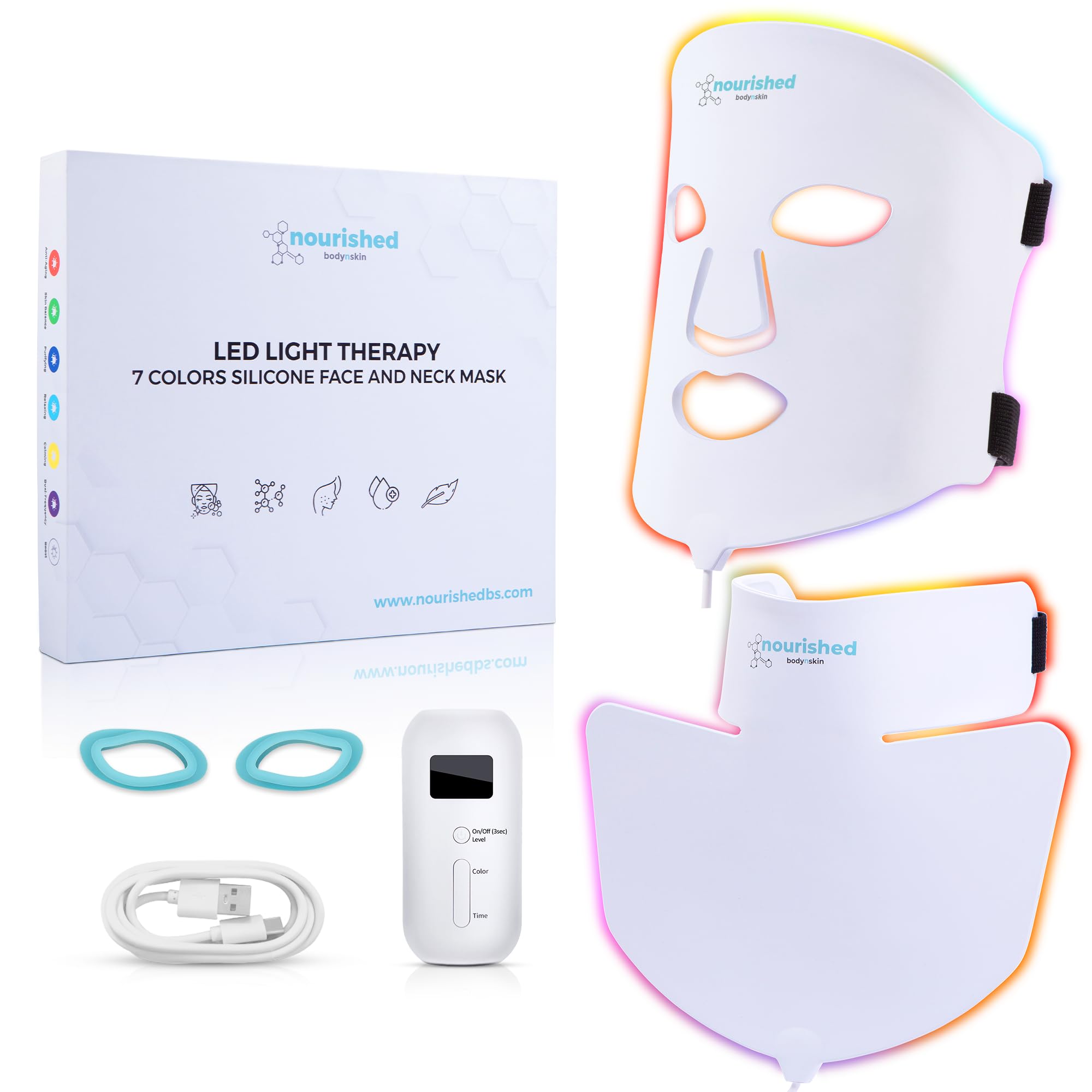 LED Light Therapy Face & Neck Mask - 7 Color Red & Blue Light Facial Skin Care Device for Anti-Aging, Wrinkles & Rejuvenation - At-Home Spa Treatment for Glowing Skin