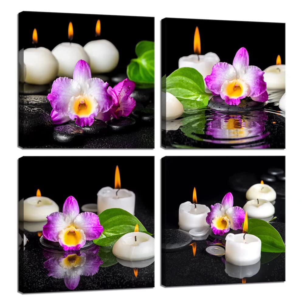 4 Panels Zen Canvas Wall Art - Still Life Purple Orchid Dendrobium with Green Leaves & Dew Drops, Floral Prints for Home, Office & Bathroom Decor - Perfect for Meditation Spaces & Relaxing Ambiance