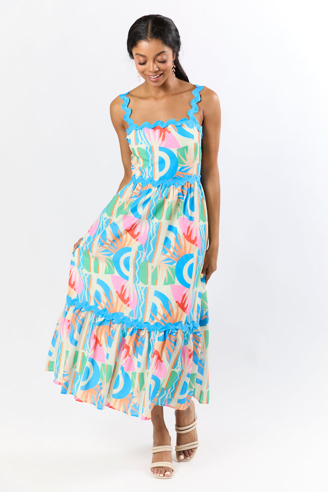 Tropical Tango Floral Print Midi Dress with Rick Rack Trim - Women's Summer Boho Dress for Beach Vacation & Date Night