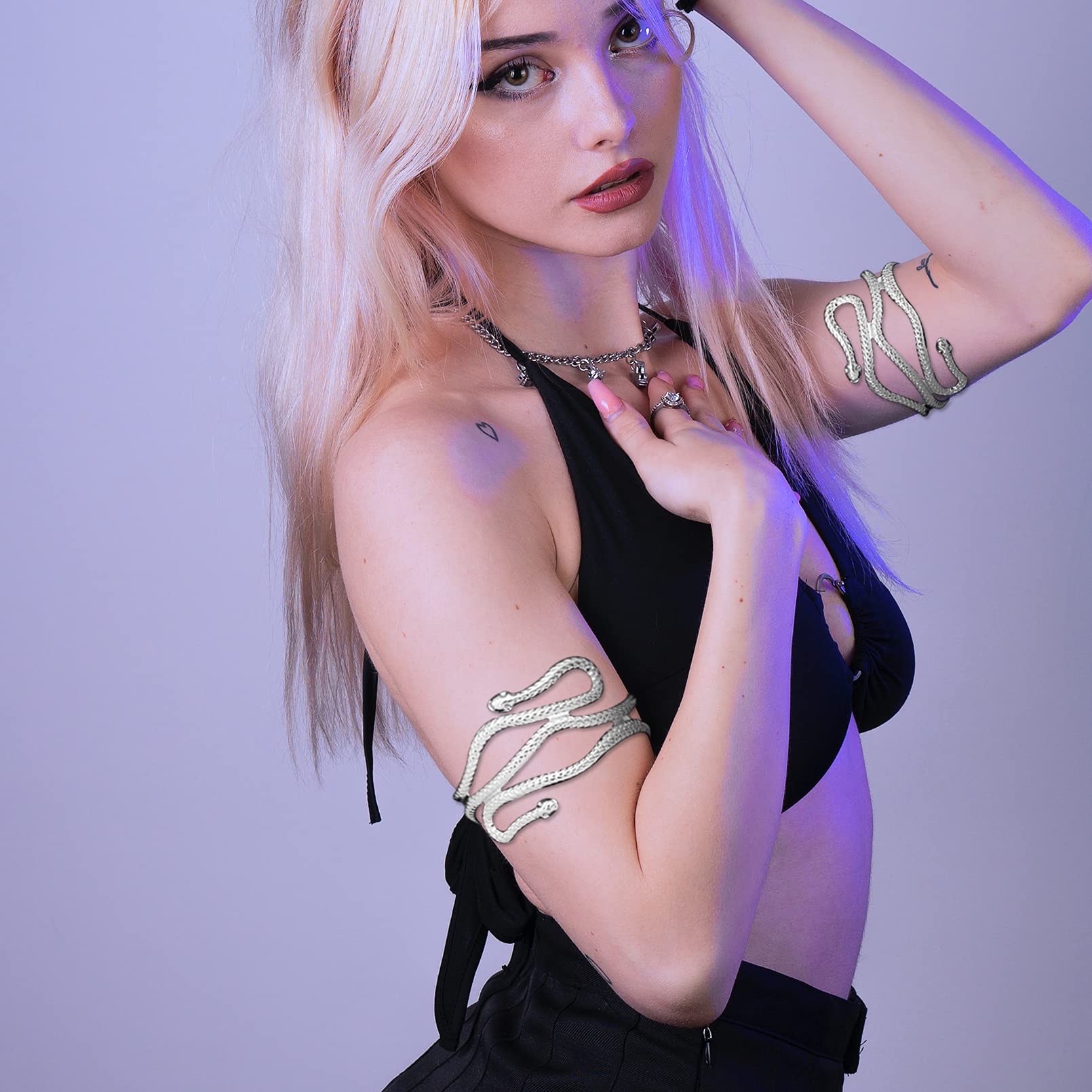 RechicGu 2-Piece Cleopatra Goddess Snake Arm Cuff Set - Adjustable Metal Cobra Bangle Bracelet, Greek Egyptian Style Silver Armlet for Costume & Cosplay - Perfect for Halloween, Themed Parties and Historical Reenactments