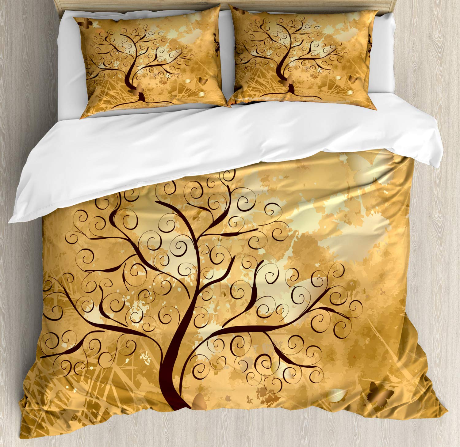 Ambesonne Tree Duvet Cover Set King Size - Grunge Style with Swirled Branches & Butterfly Silhouettes - 3 Piece Bedding Set Includes 2 Pillow Shams in Brown & Pale Brown - Perfect for Bohemian Bedroom Decor & Nature-Inspired Home Styling