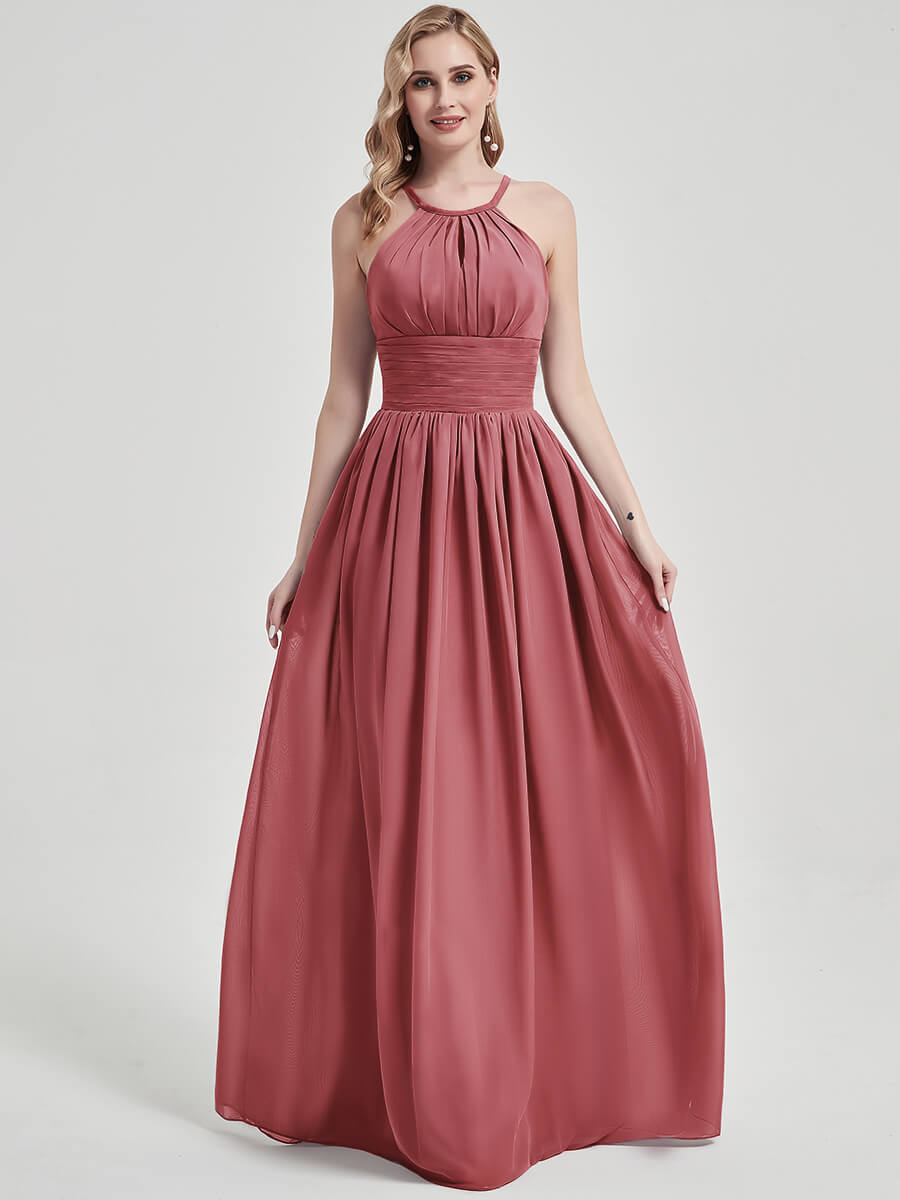 Elegant Pleated Halter Sleeveless Maxi Chiffon Bridesmaid Dress - Desert Rose Color for Wedding, Formal Events & Special Occasions