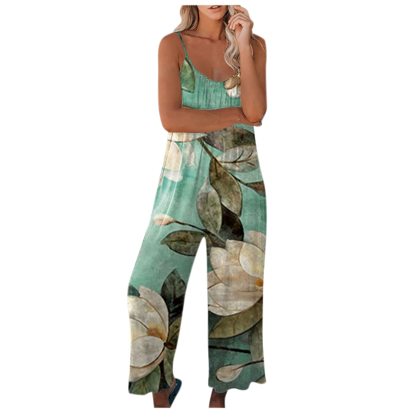 MOBCTG Women's Floral Print Wide Leg Jumpsuit - Summer Casual Wear for Outings