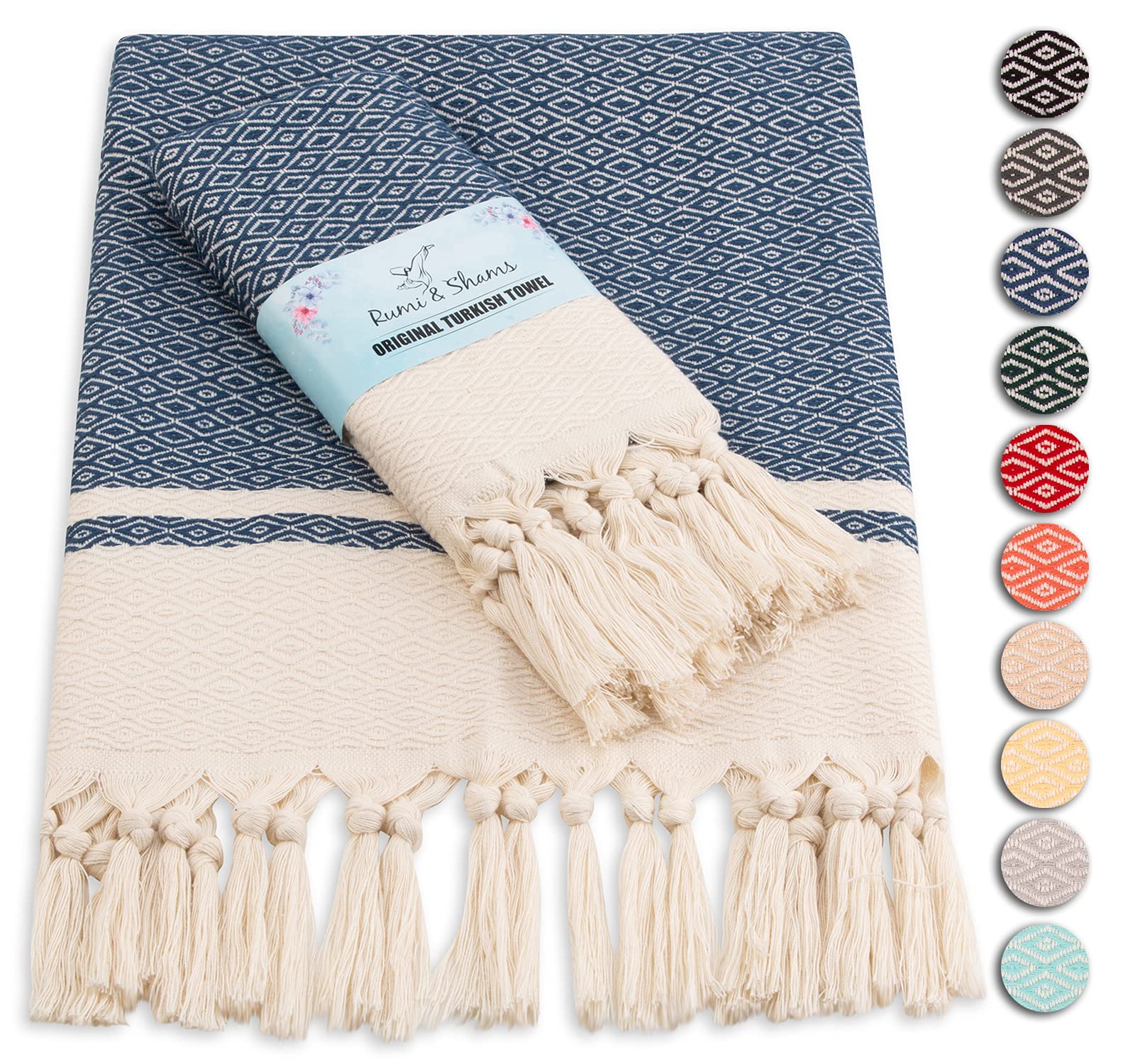 Rumi & Shams Turkish Farmhouse Boho Hand Towels Set of 2 - 16x32 Inches 100% Cotton Navy Blue - Perfect for Kitchen, Bathroom & Boho Home Decor