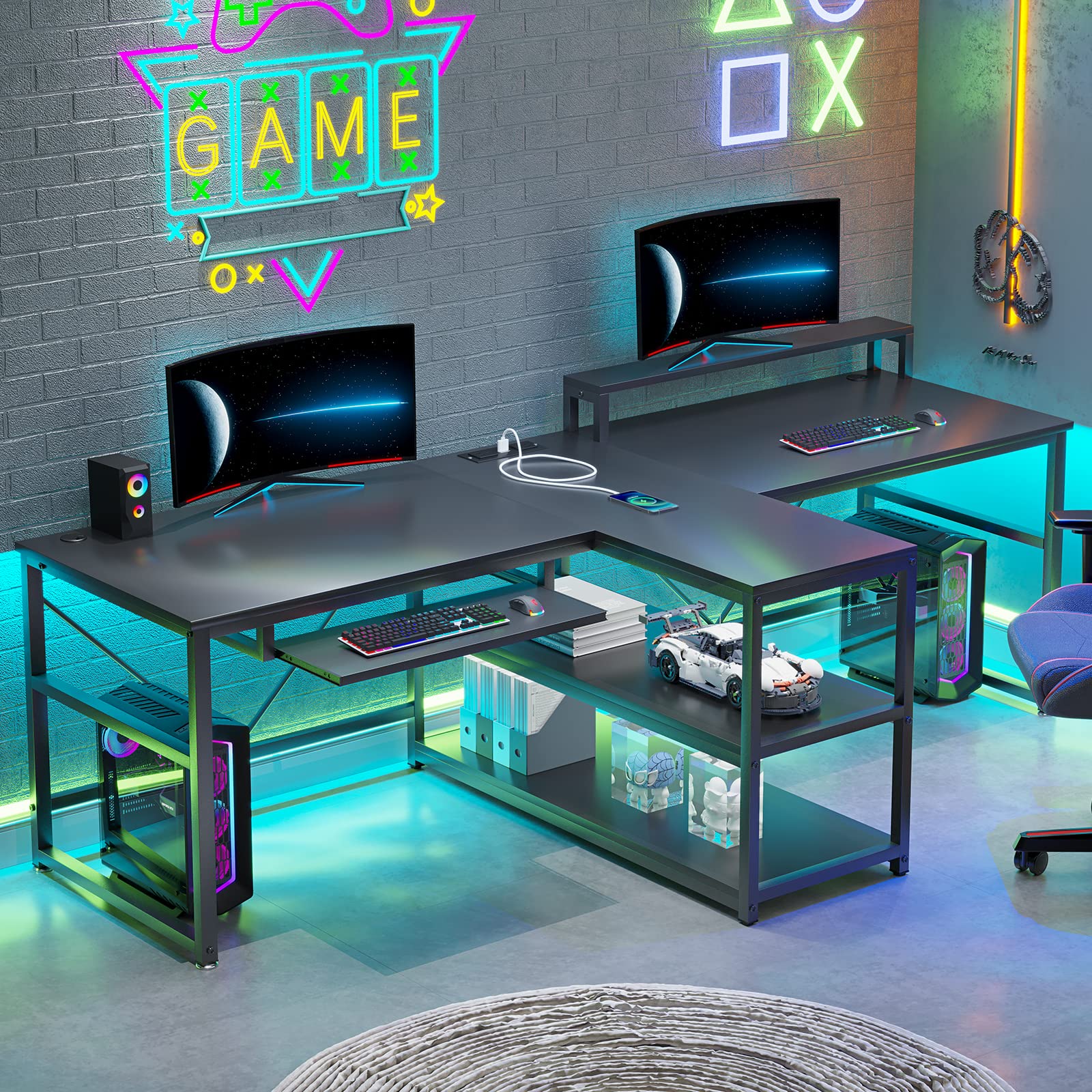 SEDETA 94.5 Inch Large Two Person Gaming Desk with LED Lights, Storage Shelves & USB Power Strip - Home Office Computer Desk with Keyboard Tray & Monitor Stand for Gamers & Remote Workers (Black) | Perfect for Multiplayer Gaming, Shared Workspaces & Home Office Setups