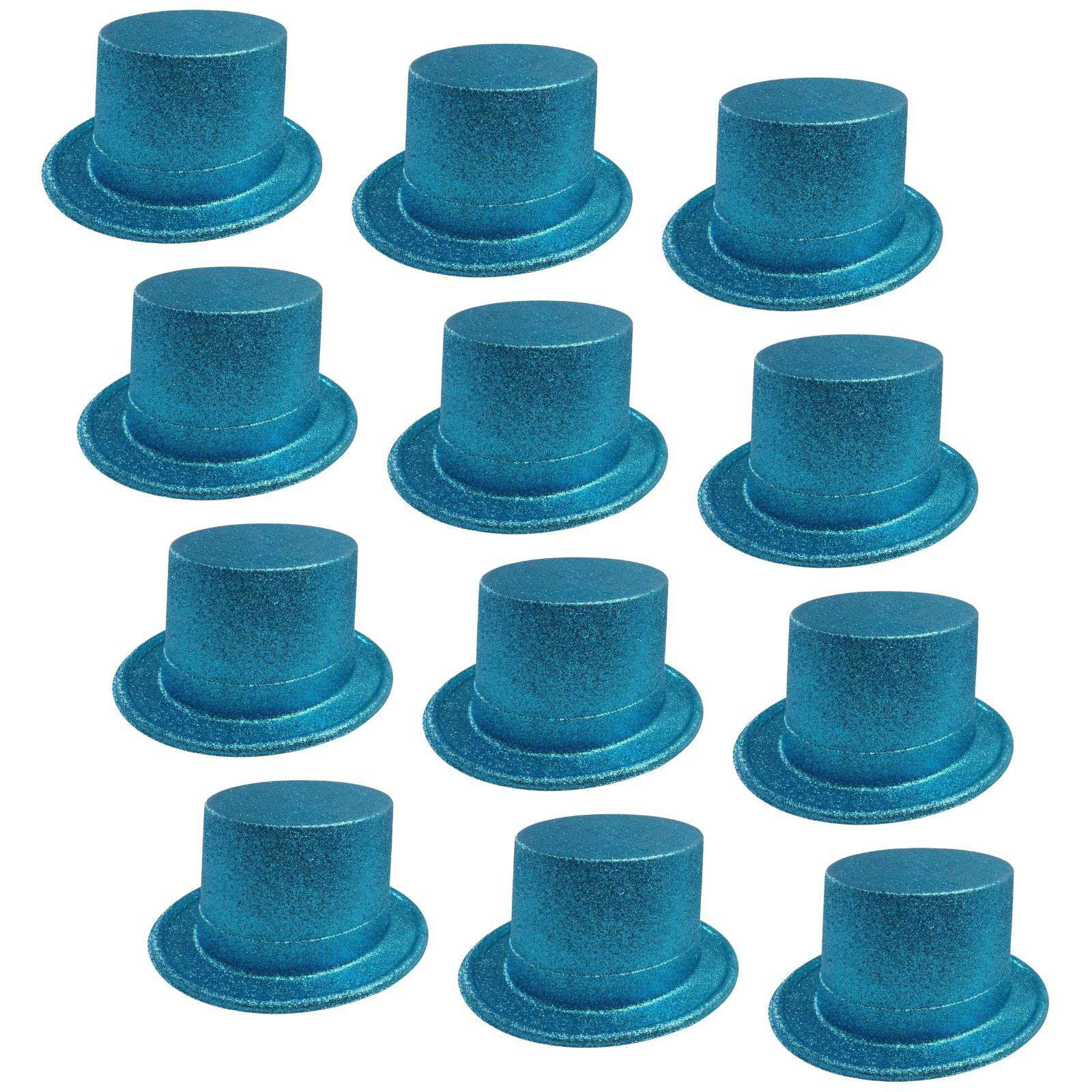 12 Pack Glitter Top Hats - Sky Blue Plastic Fancy Party Hats for Costumes, Dress Up, and Celebrations - Perfect for Halloween, New Year's Eve, and Themed Parties