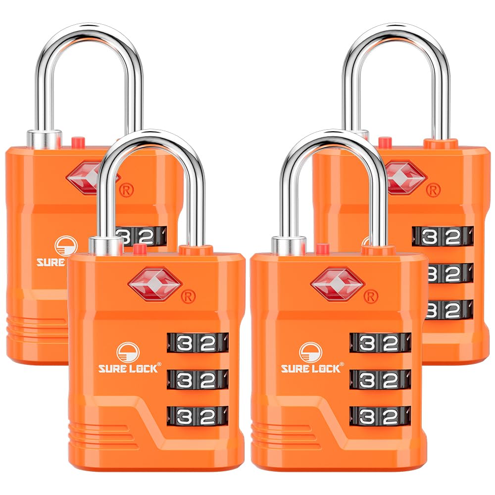 SURE LOCK TSA Approved Luggage Locks (4-Pack Orange) - High Security Travel Locks with Open Alert, Easy Read Dials & Zinc Alloy Body | TSA008 Key for Suitcases, Gym Lockers & Secure Travel Accessories | Perfect for Airports, Hotels & Backpack Security