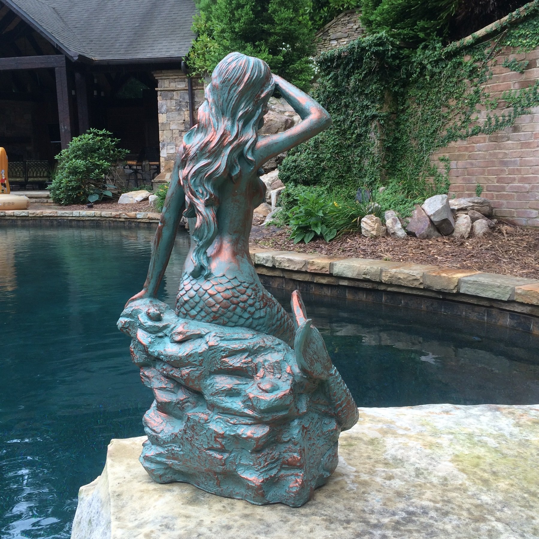 HomeStyles Medium Classic Beach Mermaid on Rock Statue 99371 - 23 Inch Bronze Patina Outdoor Garden Decor for Poolside, Patio & Coastal Themed Spaces