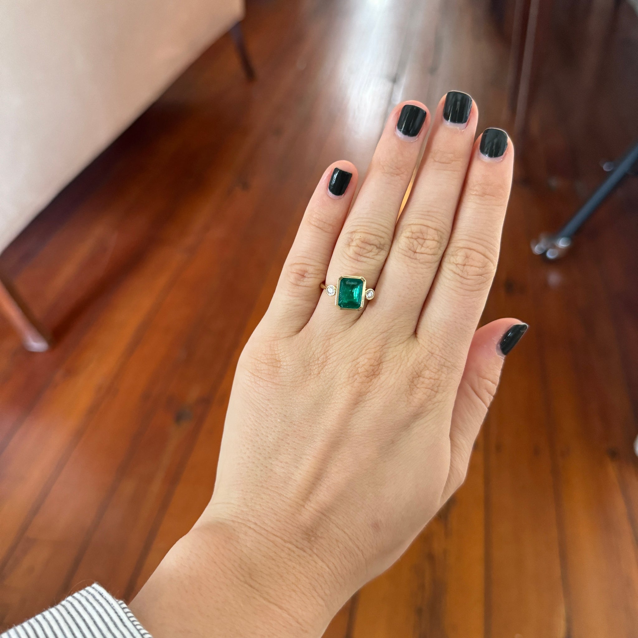 Emerald and Diamond Three Stone Bezel Set 18K Yellow Gold Ring for Women - Elegant Engagement, Wedding, Anniversary Jewelry Gift