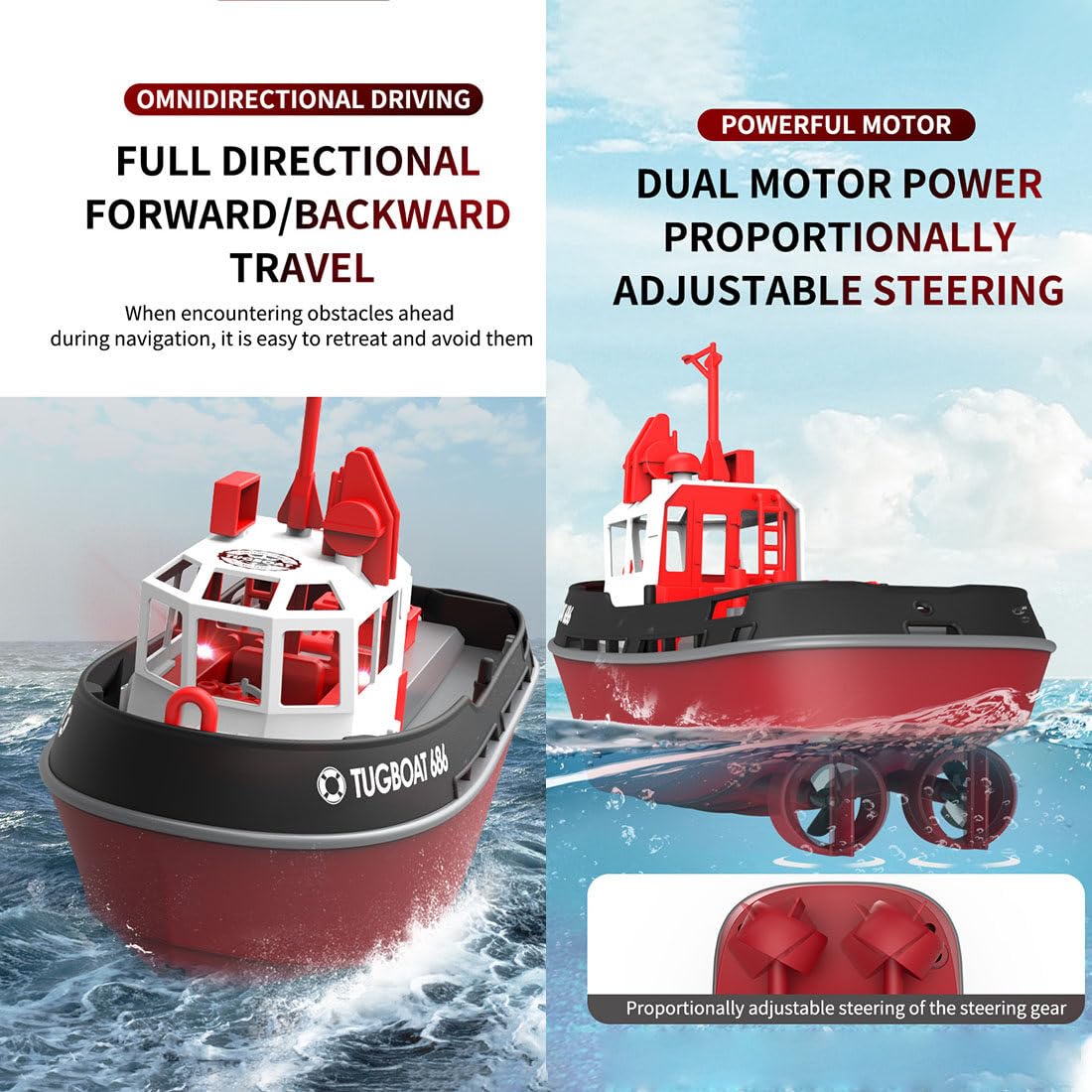 DECI 1:72 Scale 2.4Ghz Remote Control Tugboat - Waterproof RC Electric Boat with Auto Flip Recovery, Ready-to-Run RTR Model for Adults & Kids - Perfect for Pool, Lake or Bathtub Play