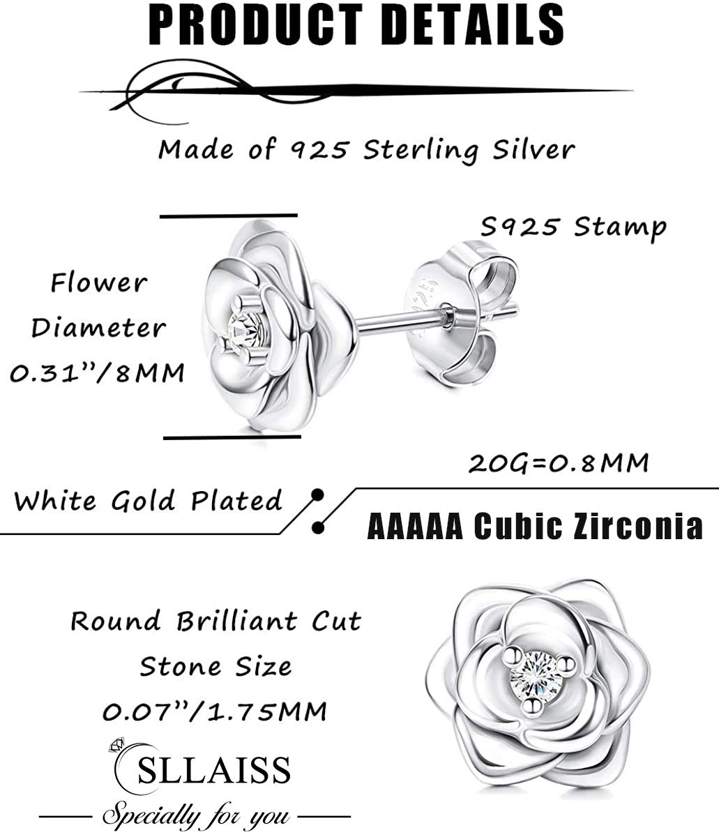 Sllaiss Rose Earrings for Women - 925 Sterling Silver Stud Earrings with AAAAA Cubic Zirconia, White Gold Plated Flower Earrings | Perfect for Weddings, Parties & Everyday Elegance