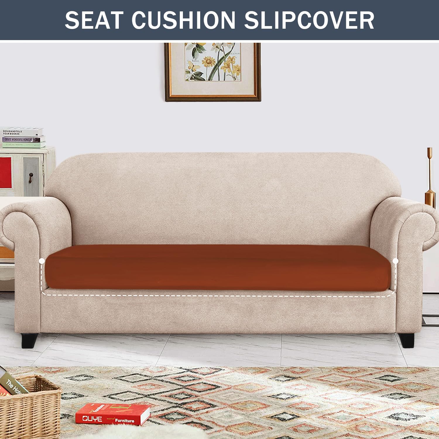Soft Velvet Plush Stretch Cushion Cover - Elastic Bottom Sofa Slipcover for Loveseat & Couch (Large, Red Brown) | Furniture Protector for Living Room, Bedroom & Office