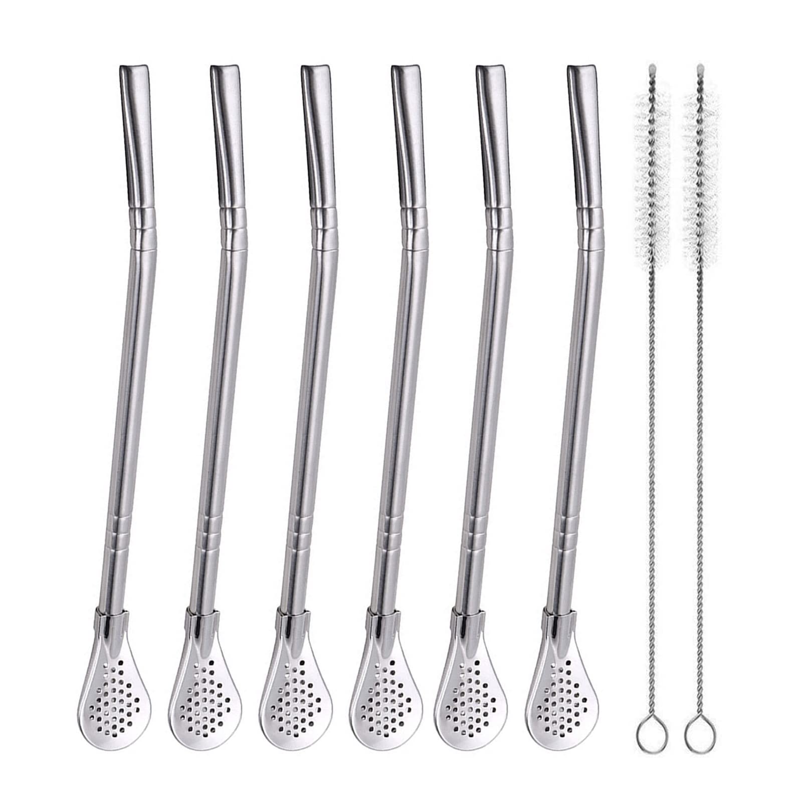 EvaGO 6-Pack Reusable Stainless Steel Drinking Straws with Filter Spoon - 18.5cm Yerba Mate Tea Bombilla Straws with 2 Cleaning Brushes | Perfect for Iced Coffee, Smoothies, Bubble Tea & Outdoor Camping