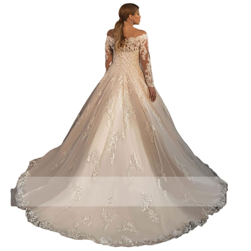 XYAYE Long Sleeve Lace Wedding Dress for Bride - Puffy Tulle Off Shoulder Bridal Gown for Women | Elegant Church Ceremony & Beach Wedding Dress