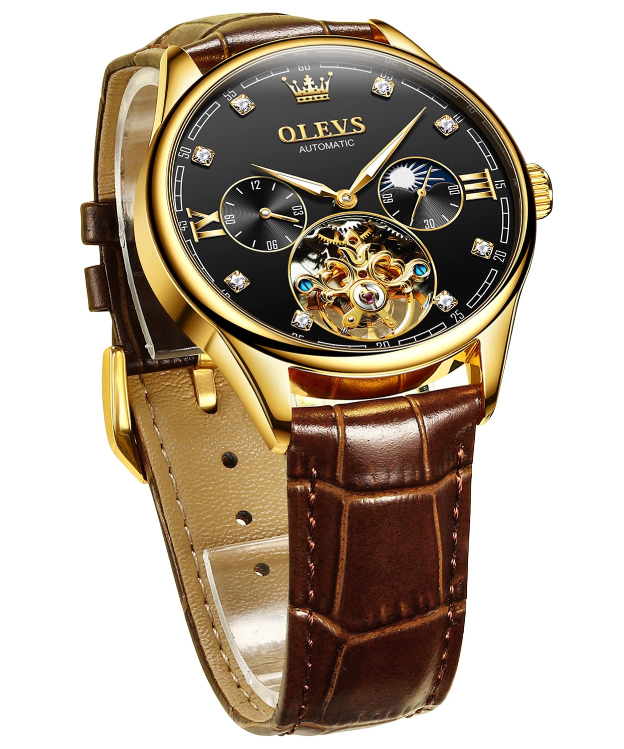 OLEVS Men's Automatic Tourbillon Watch - Self-Winding Mechanical Watch with Hollow Design, Waterproof & Luminous, Genuine Leather Strap - Perfect for Business, Formal & Casual Wear