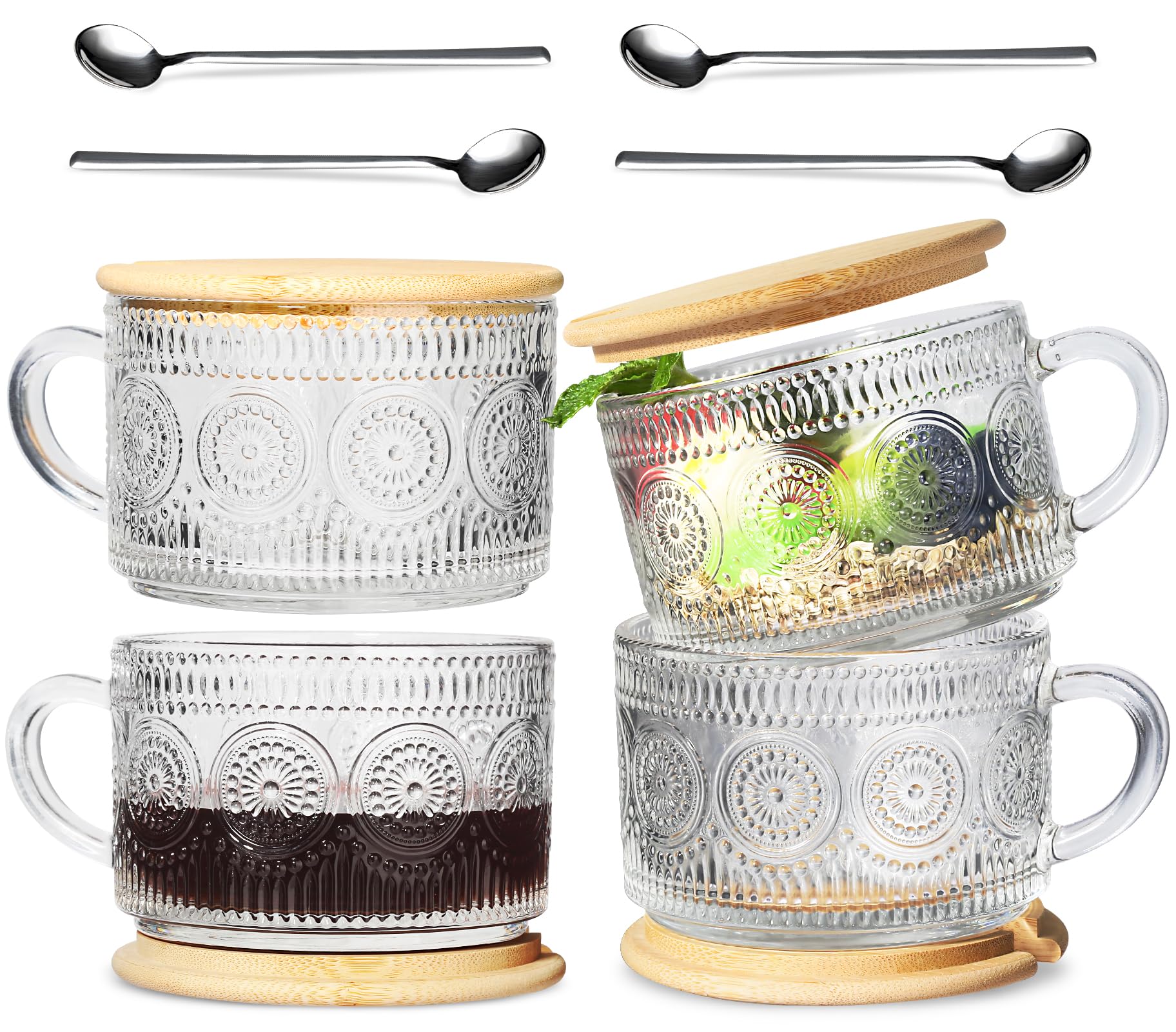 GMISUN 14oz Vintage Glass Coffee Mugs Set with Bamboo Lids & Spoons - Clear Large Handle Coffee Cups for Hot Tea, Iced Coffee & Cold Drinks - Perfect for Home, Office & Cafe Use