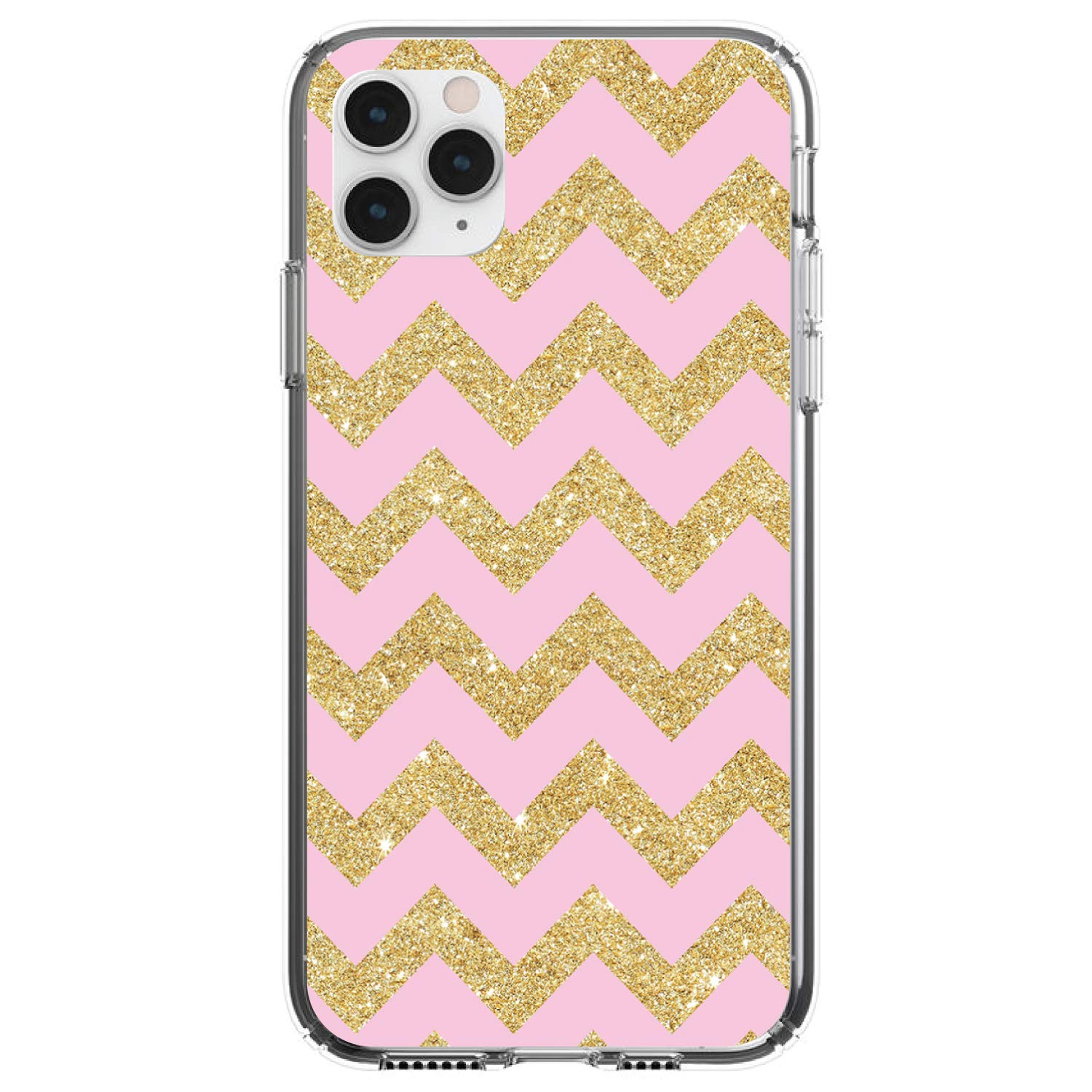 DistinctInk Clear Shockproof Hybrid Case for iPhone 13 Pro MAX (6.7 Inch) - TPU Bumper with Acrylic Back & Tempered Glass Screen Protector - Pink Gold Chevron Pattern - Perfect for Everyday Protection & Style
