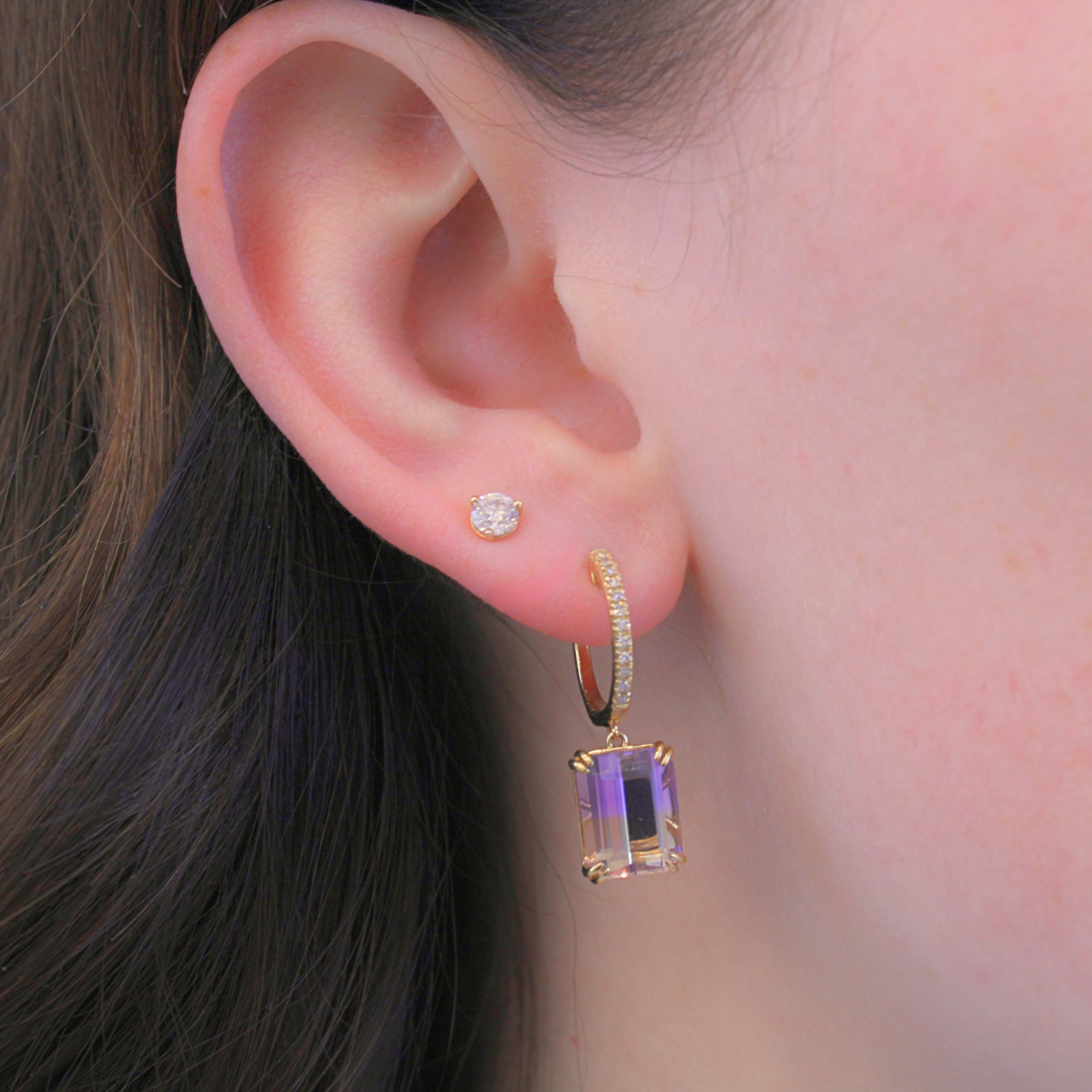 14K Yellow Gold Ametrine & Diamond Drop Hoop Earrings - 0.09ctw, Elegant Dangling Earrings for Women, Perfect for Weddings, Parties & Special Occasions