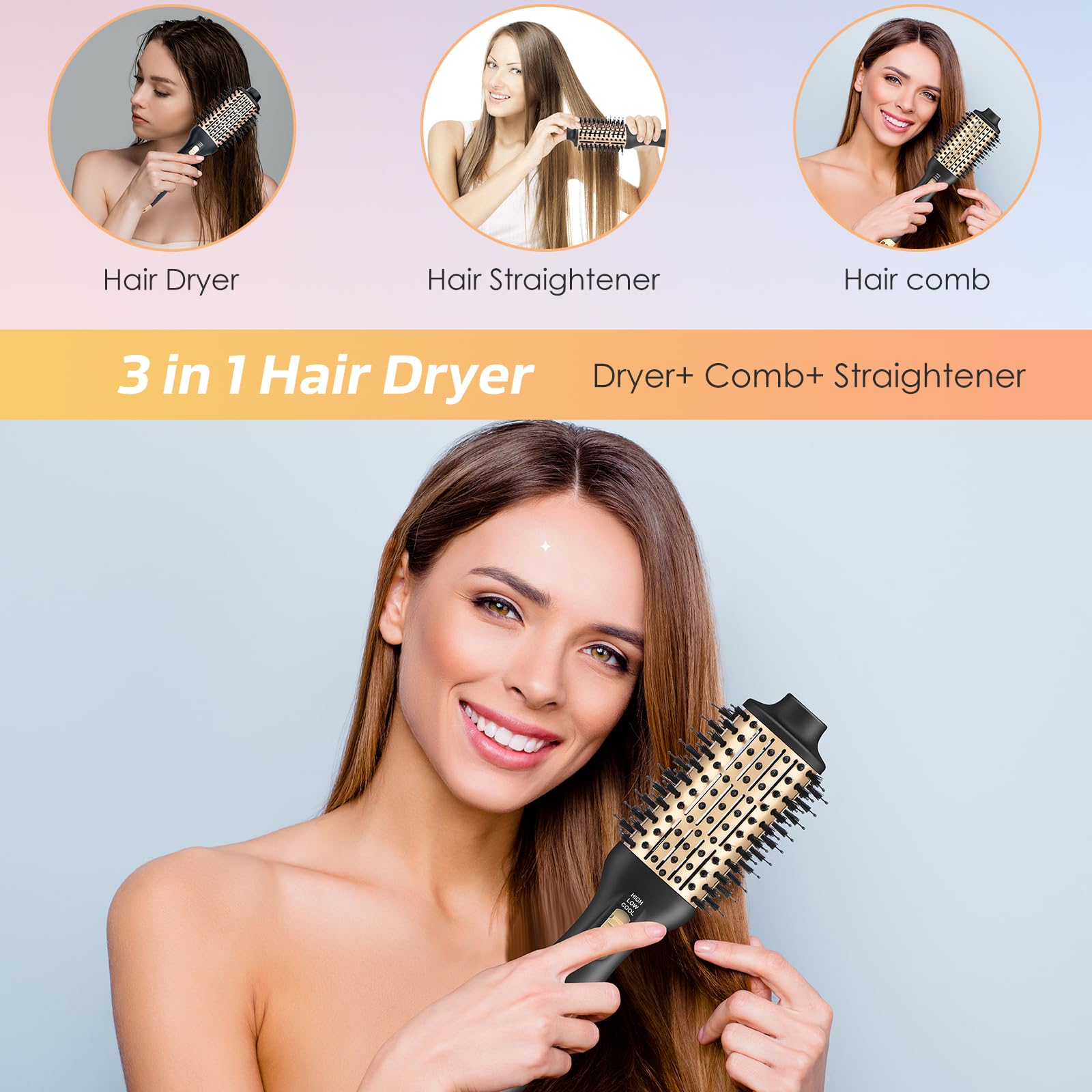 YourMate Hair Dryer Brush - 3 Adjustable Heat Settings, Ionic Technology for Frizz-Free Shine, Volumizing Hot Air Brush for Salon-Quality Blowouts at Home - Perfect for Travel, Styling & Quick Drying