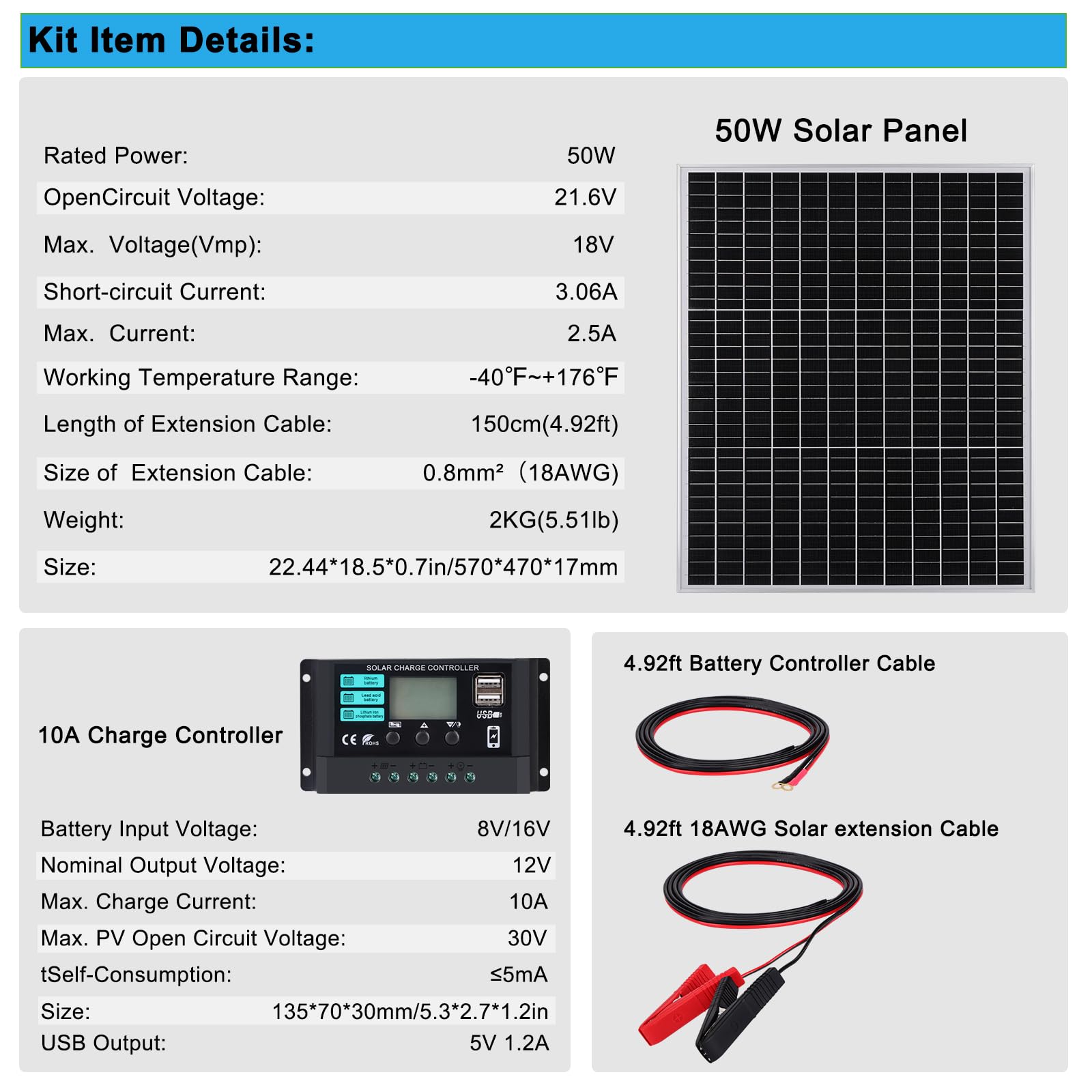 DYVIAHOME 50W 12V Monocrystalline Solar Panel Kit with 10A Charge Controller - Battery Maintainer for RV, Car, Boat - Includes Extension Cable & Battery Clips - Perfect for Off-Grid Camping, Rooftop & Outdoor Power Applications