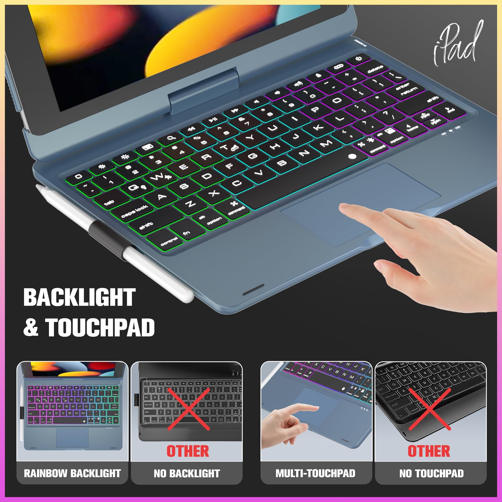NOKBABO iPad 9th/8th/7th Generation Case with Bluetooth Keyboard, 360° Rotatable Stand, 7-Color Backlit Touchpad & Apple Pencil Holder - Compatible with iPad 10.2