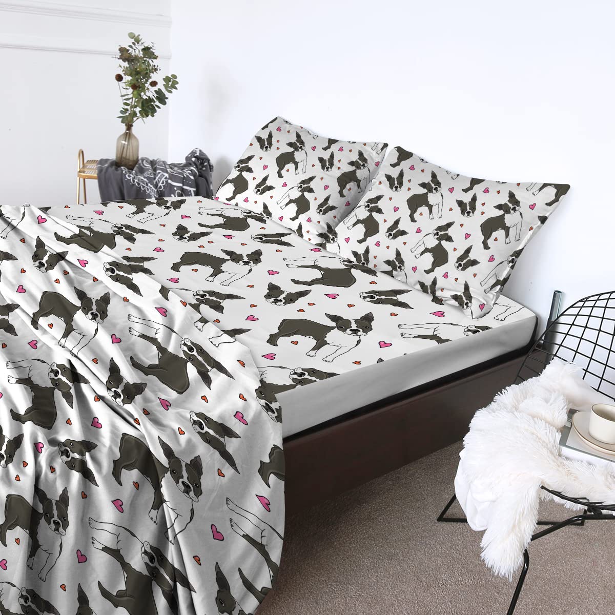 BlessLiving King Size Dog Sheet Set - 4-Piece Boston Terrier Bedding for Pet Lovers, Soft & Breathable (Perfect for Dog Themed Bedrooms)