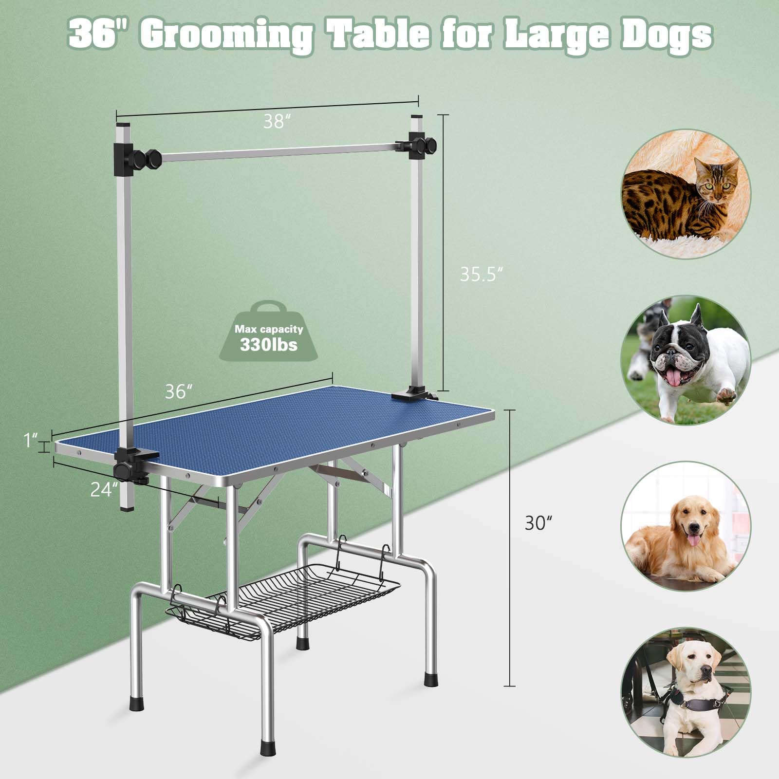 Premium Adjustable Dog Grooming Table - Large Foldable Pet Bathing & Drying Desk with Safety Arms, Noose & Mesh Tray | Supports 330Lbs (36in Navy) | Perfect for Professional Groomers & Home Pet Care