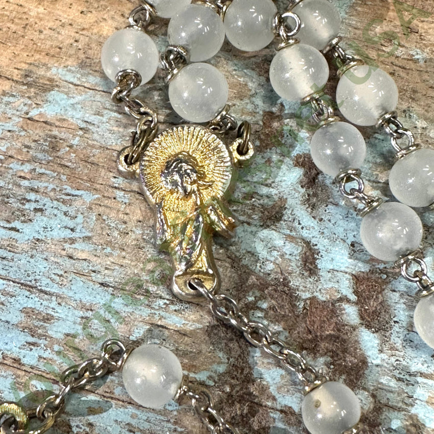 Vintage Italian Silky White Glass Bead Stanhope Rosary with Lord's Prayer - Perfect for Catholic Prayer, Meditation & Religious Gifts