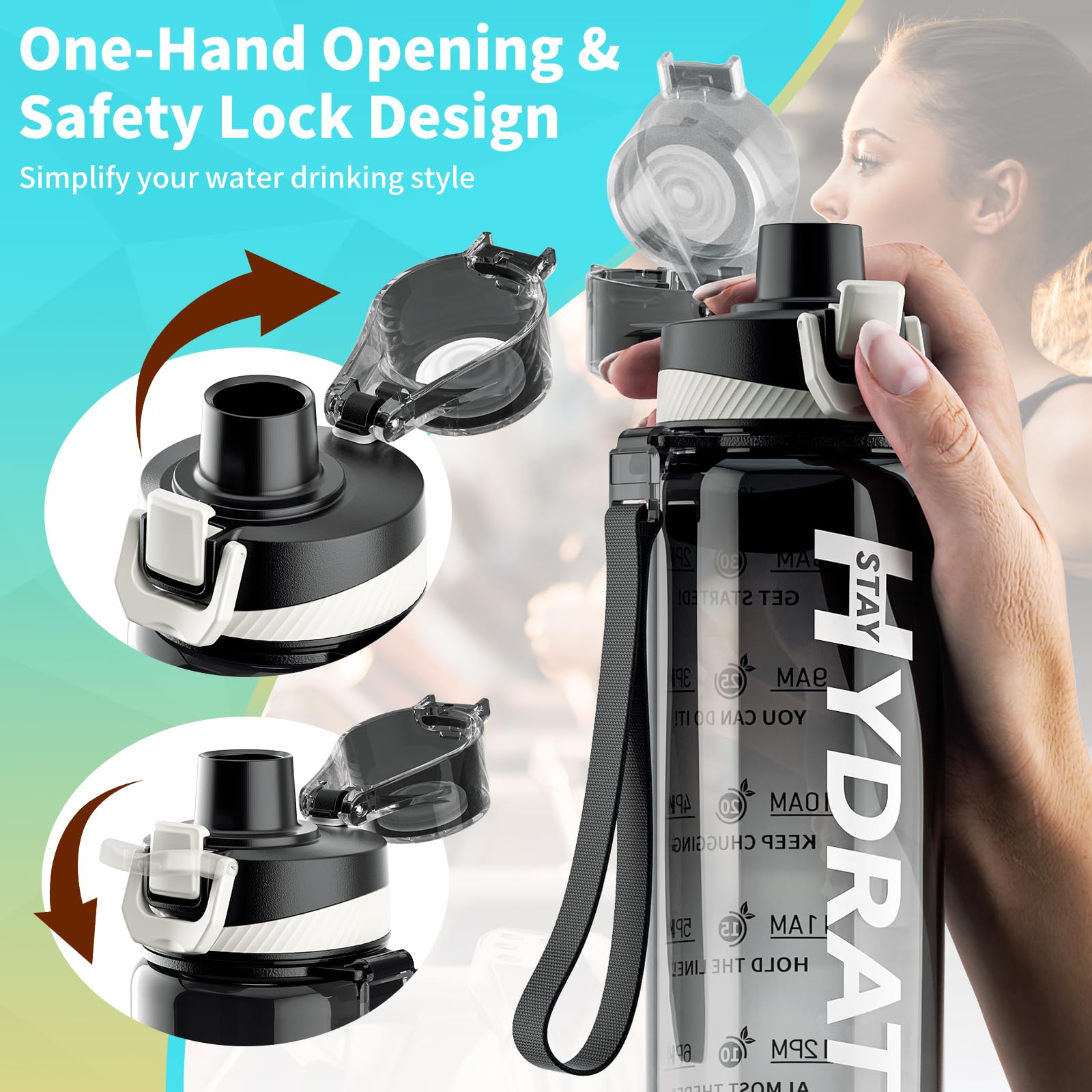32 oz Motivational Water Bottle with Time Marker - BPA Free Tritan Sports Water Bottle, Leakproof Wide Mouth with Drink Reminder & Strap - Perfect for Gym, Fitness, Hiking & Outdoor Activities - Great Christmas Gift
