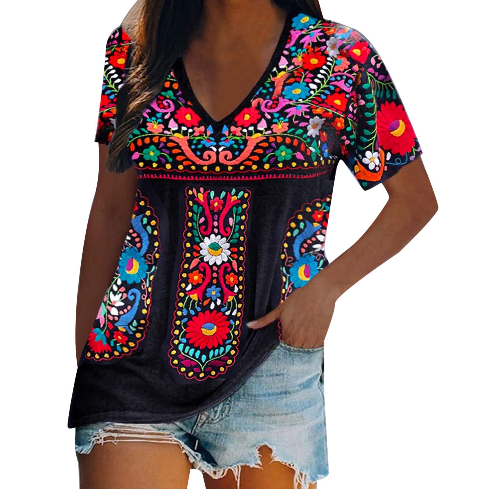 Kaniem Women's Summer V-Neck Floral Print Short & Long Sleeve T-Shirts - Casual Fashion Tops for Work, Dating & Vacation