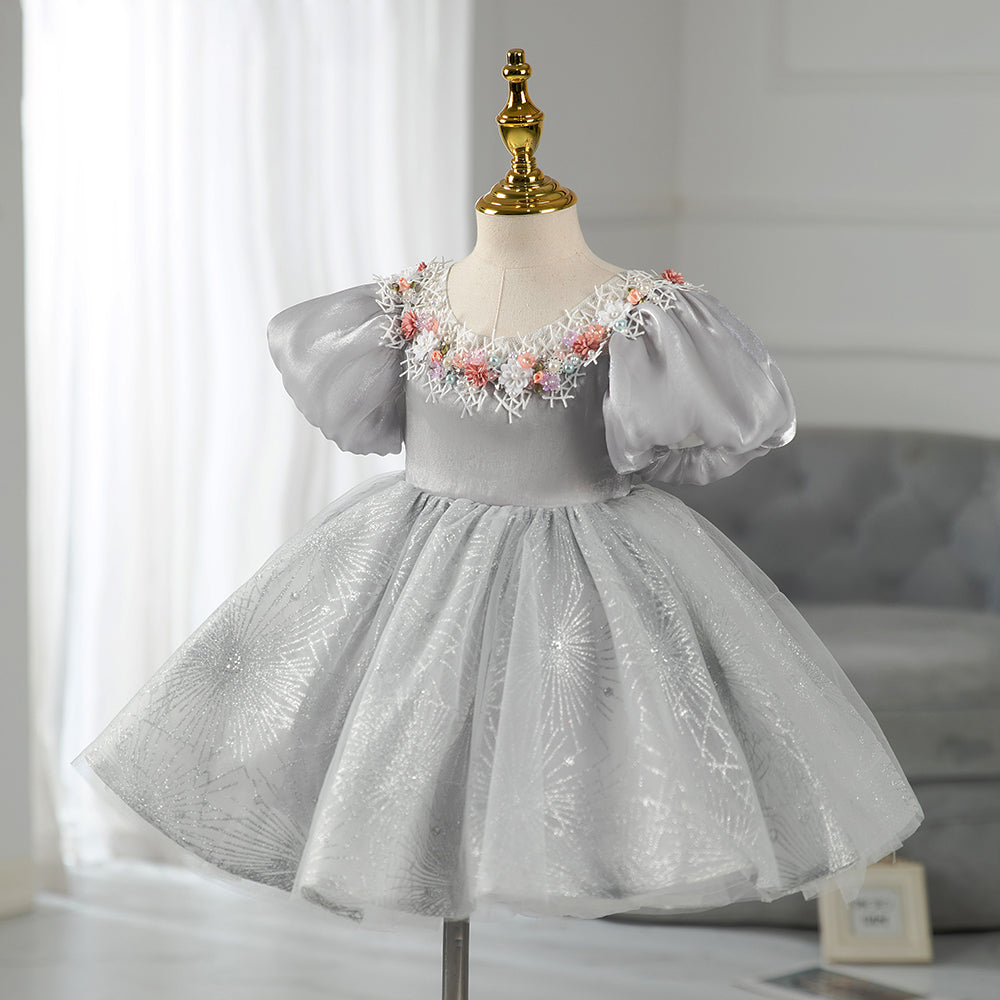 Gorgeous Grey Princess Tea Length Flower Girl Dress with Beaded Flowers - Perfect for Weddings, Birthday Parties & Special Occasions