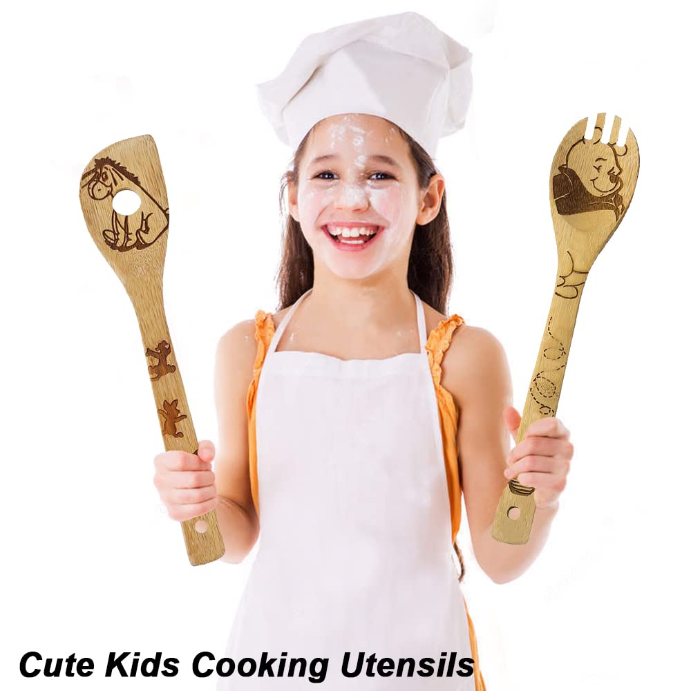 5-Piece Cartoon Wooden Spoon Set for Cooking - Winnie the Bear & Cute Tiger Kitchen Utensils - Wooden Spatula for Baking, Stirring & Decor - Perfect Gift for Women & Kitchen Lovers - Ideal for Home Cooking, Baking & Kitchen Decor