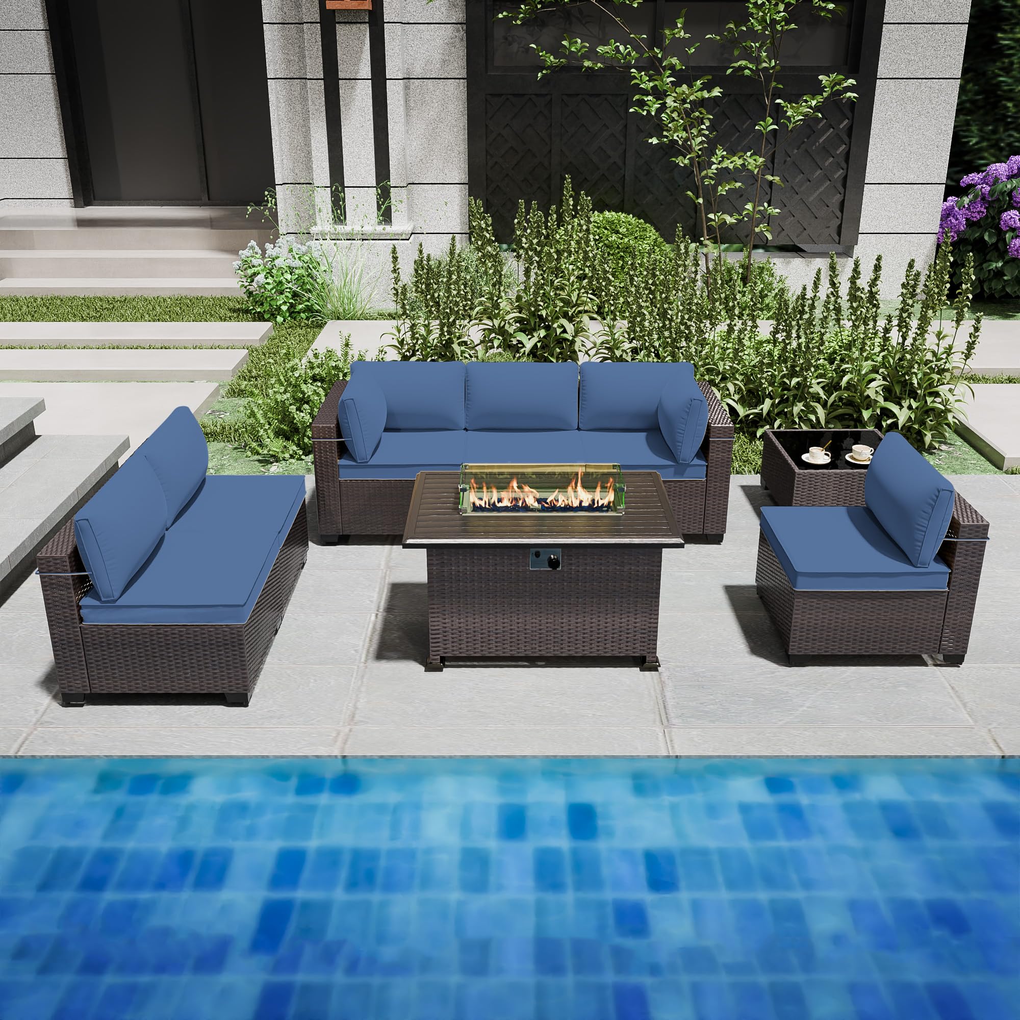 8-Piece Outdoor Patio Furniture Set with 55000 BTU Propane Fire Pit Table - PE Wicker Rattan Sofa Conversation Set & Sectional Furniture with Tempered Glass Top - Navy Blue - Perfect for Backyard, Garden, and Poolside Relaxation