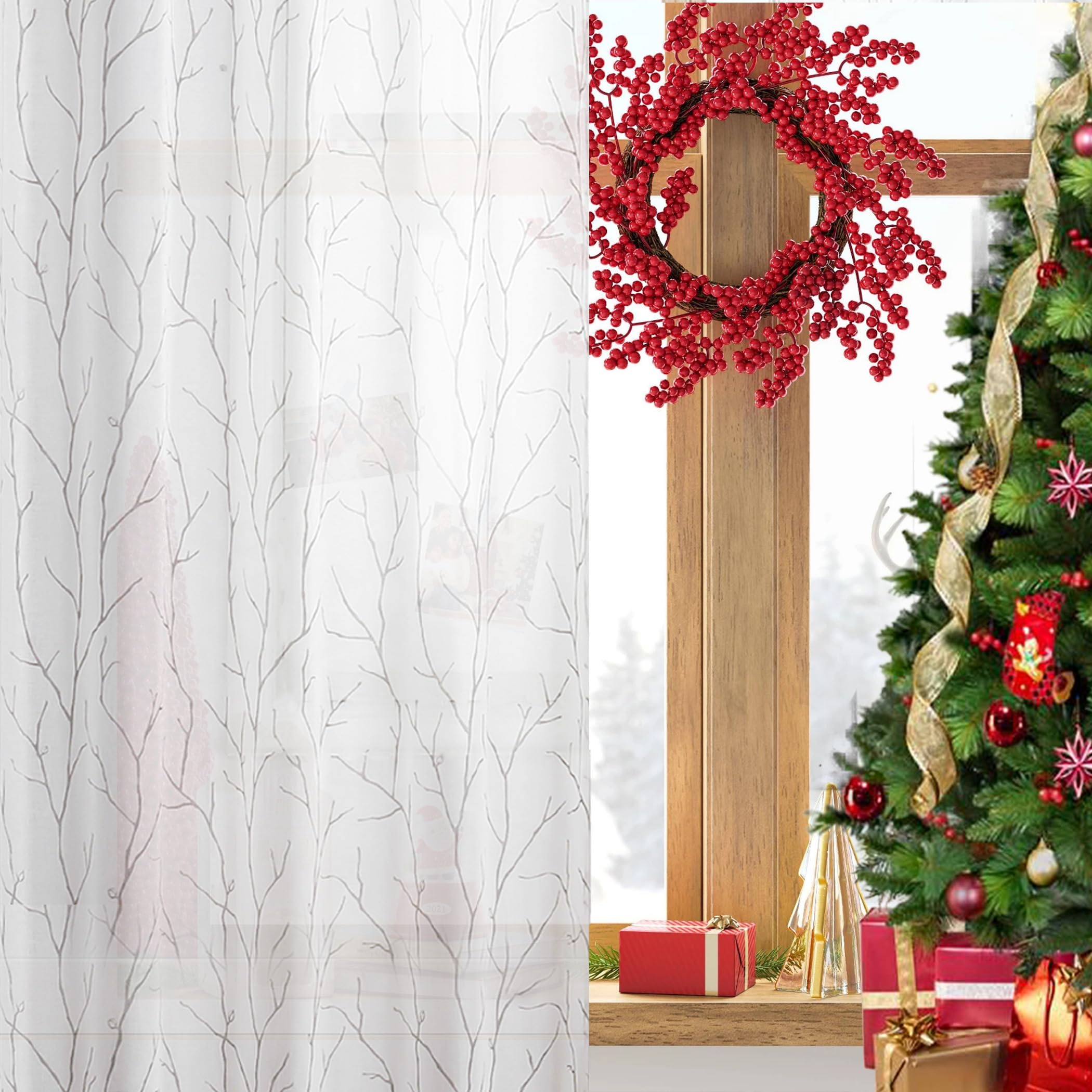 BUHUA Sheer Window Curtains 52x63 Inches - 2 Panel Set with Christmas Tree Pattern, Semi-Transparent White Kitchen & Living Room Drapes for Privacy & Holiday Decor
