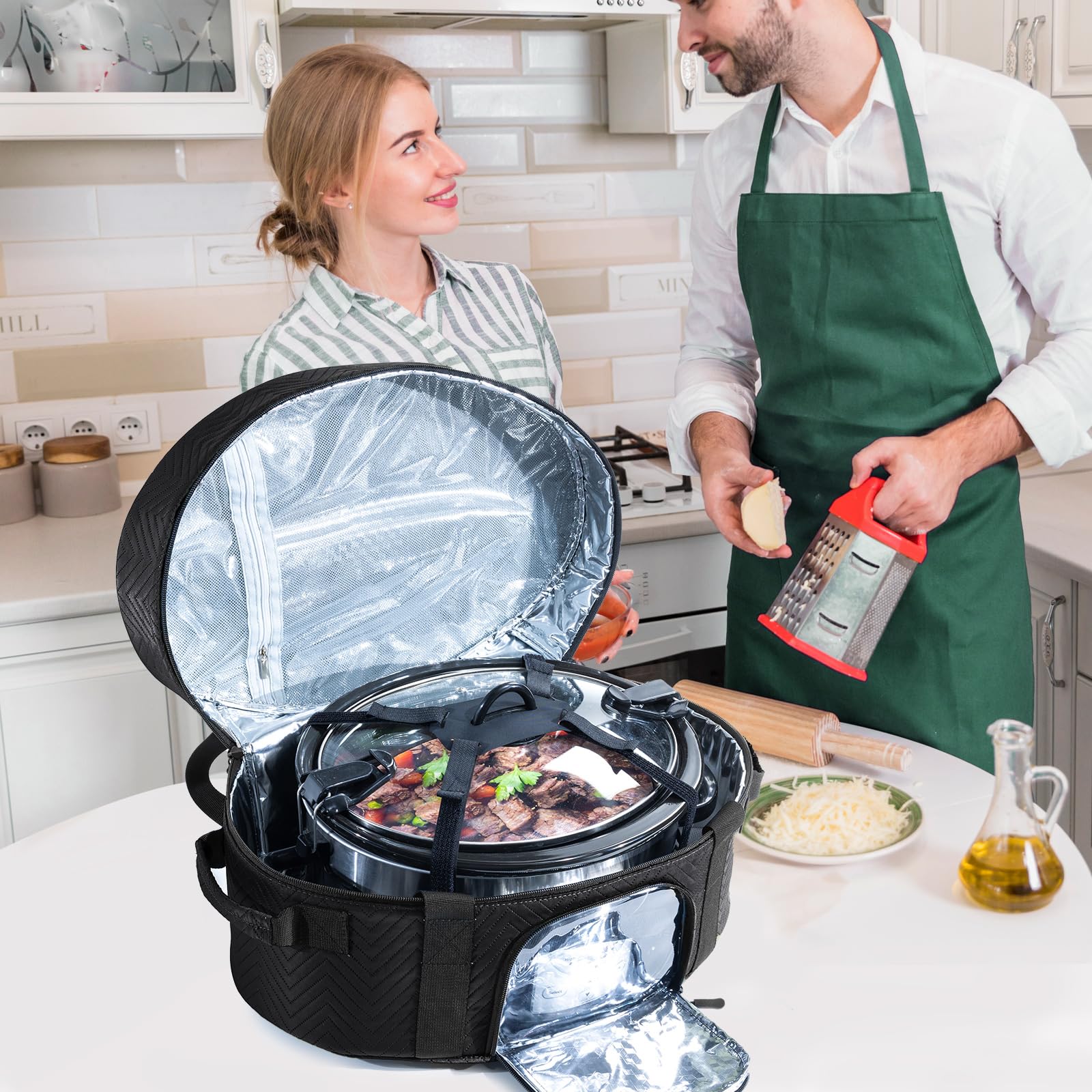 Insulated Slow Cooker Carrying Bag for 6-8 Quart CrockPot & Hamilton Beach - Portable Thermal Cooker Case with Adjustable Strap, See-Through Window & Accessory Pocket - Perfect for Picnics, Potlucks & Travel