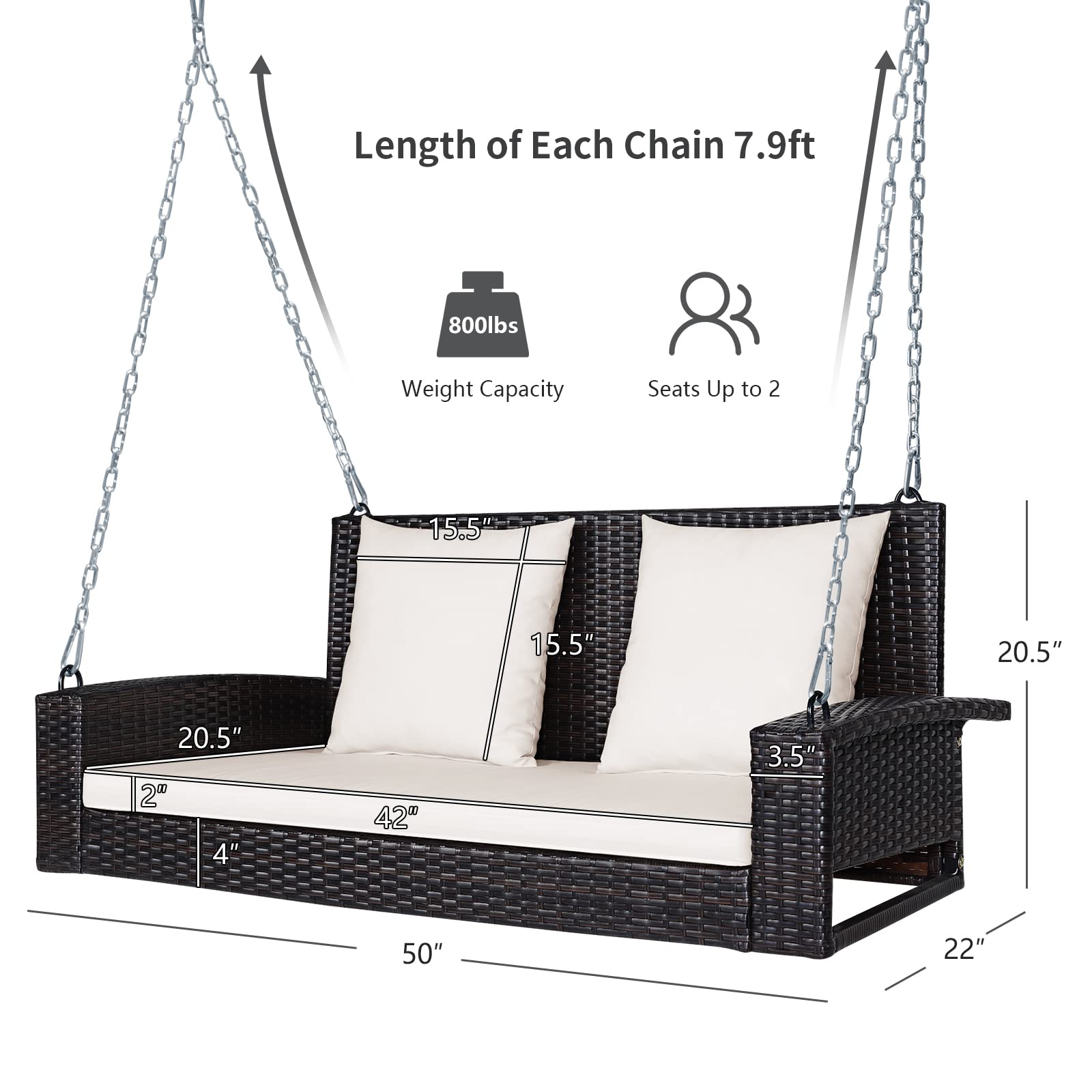 RELAX4LIFE 2-Person Outdoor Porch Swing - Rattan Wicker Hanging Chair with 7.9ft Steel Chains & Cushions - Beige Patio Swing for Front Porch, Garden, Backyard, Deck - Perfect for Relaxing, Reading & Enjoying Nature