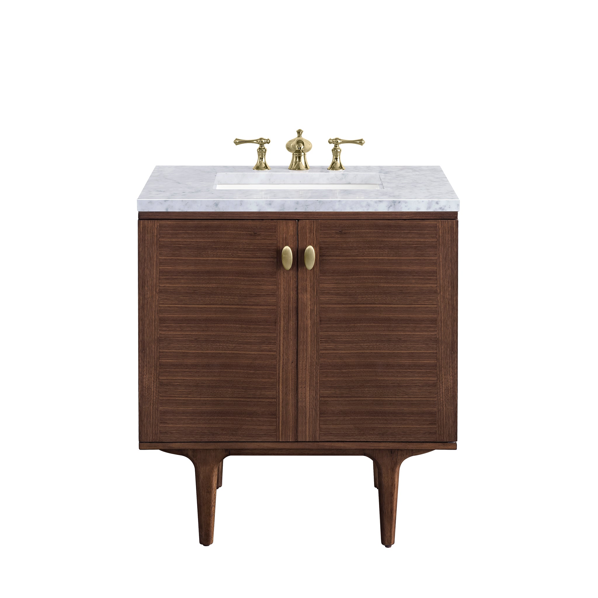 Amberly 30 Inch Single Vanity with Carrara Marble Top - Mid Century Modern Walnut Bathroom Vanity for Small Spaces | Perfect for Powder Rooms, Guest Baths & Master Bath Remodels