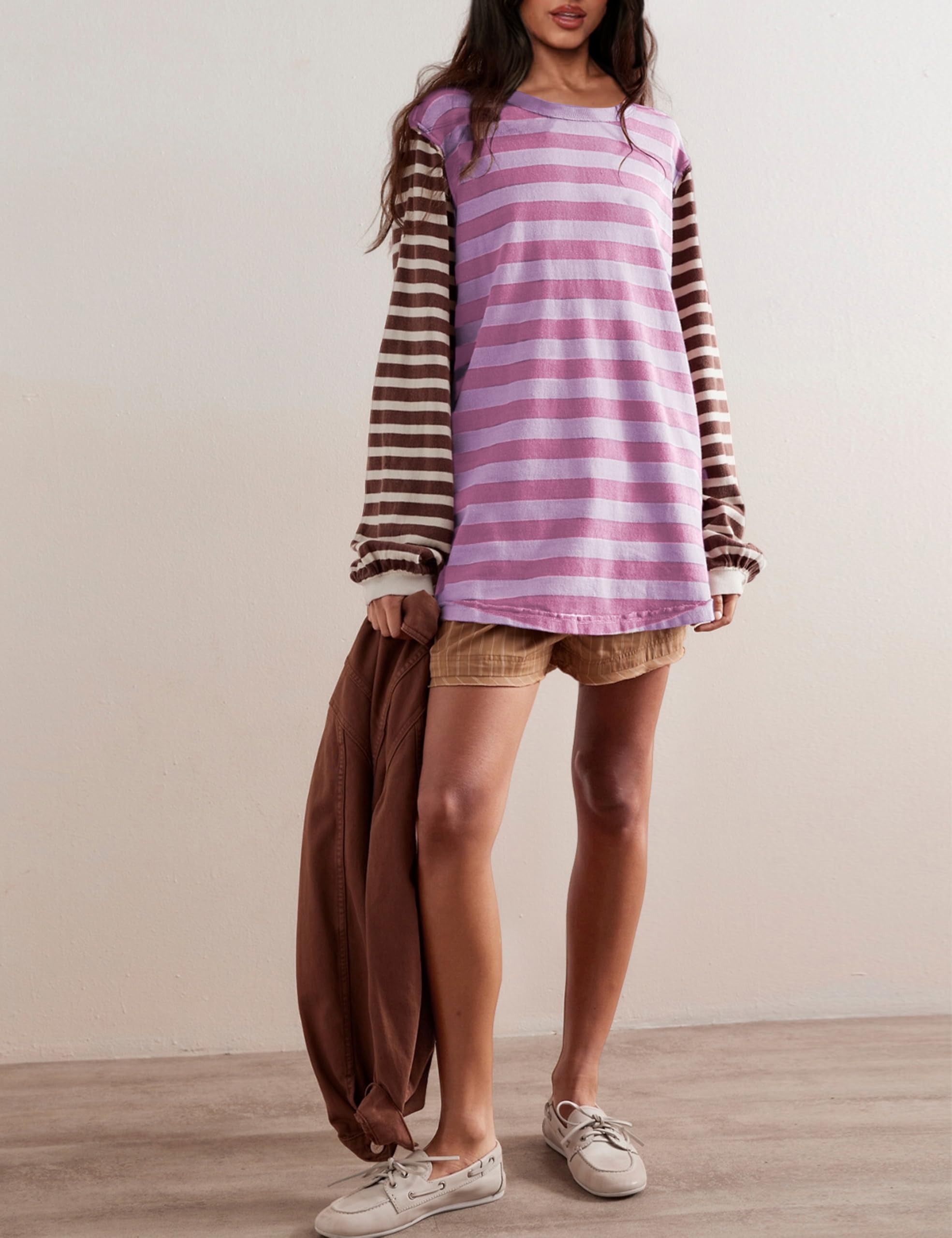 Trendy Oversized Long Sleeve Striped Sweatshirt for Women | Y2K Fashion Tops | AMEBELLE Purple Stripe Tee (Small) | Perfect for Casual Outfits, Streetwear & Layering