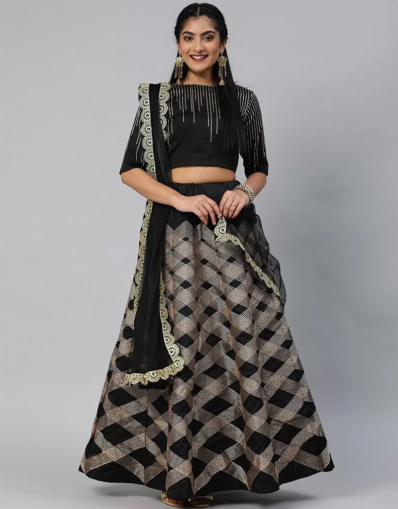 Elegant Black Satin Lehenga Choli for Women - Traditional Indian Bridal Wear for Weddings & Festivals