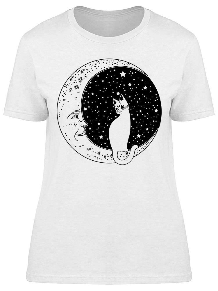 Women's Cat On The Moon Graphic T-Shirt - Cute Space Cat Design Tee for Casual Wear & Cat Lovers